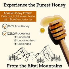 Altay Meadows Acacia Honey displays amber color and delicate aroma, a natural sweetener.