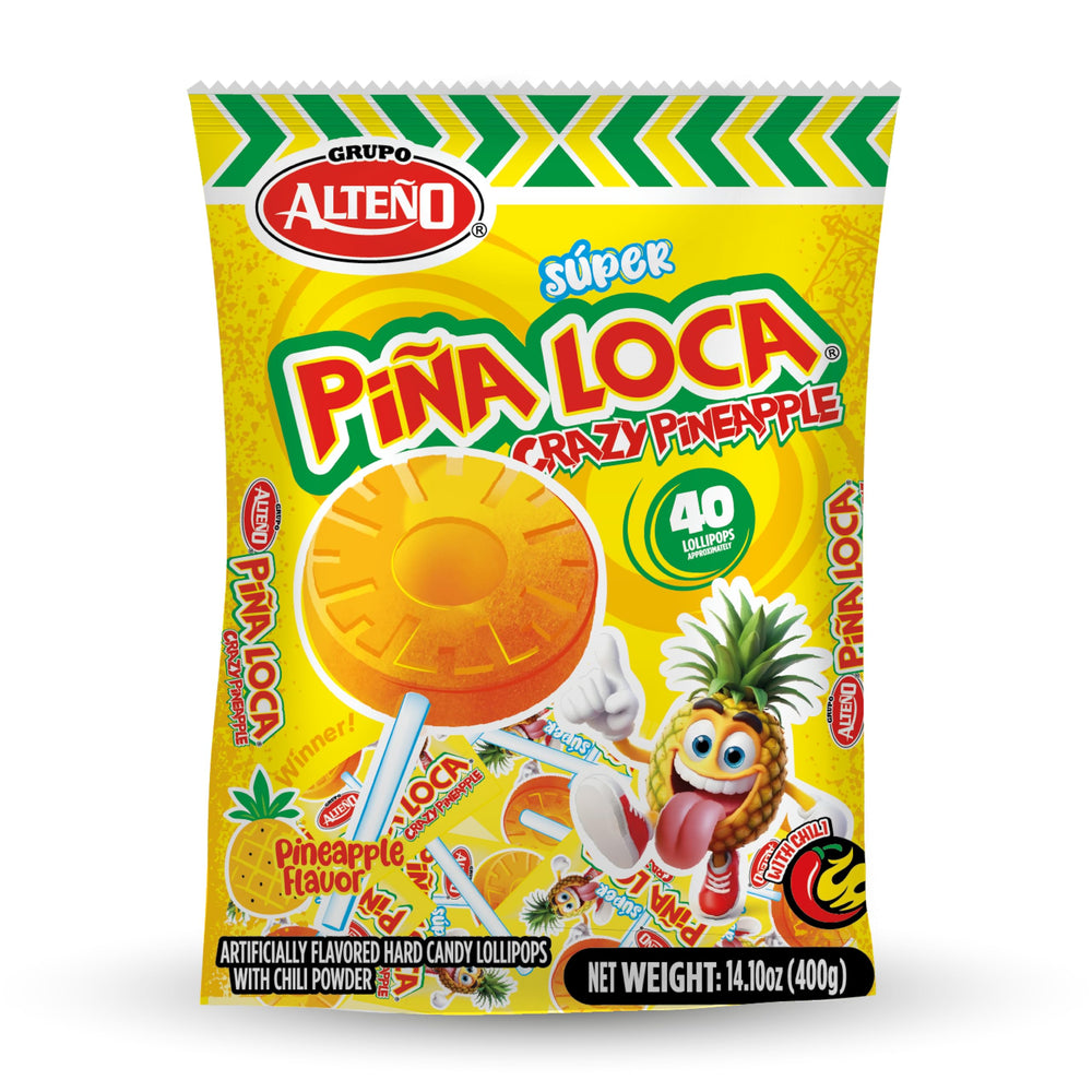 Alteño Super Piña Loca pineapple lollipops in a bag, ideal for sharing at parties.