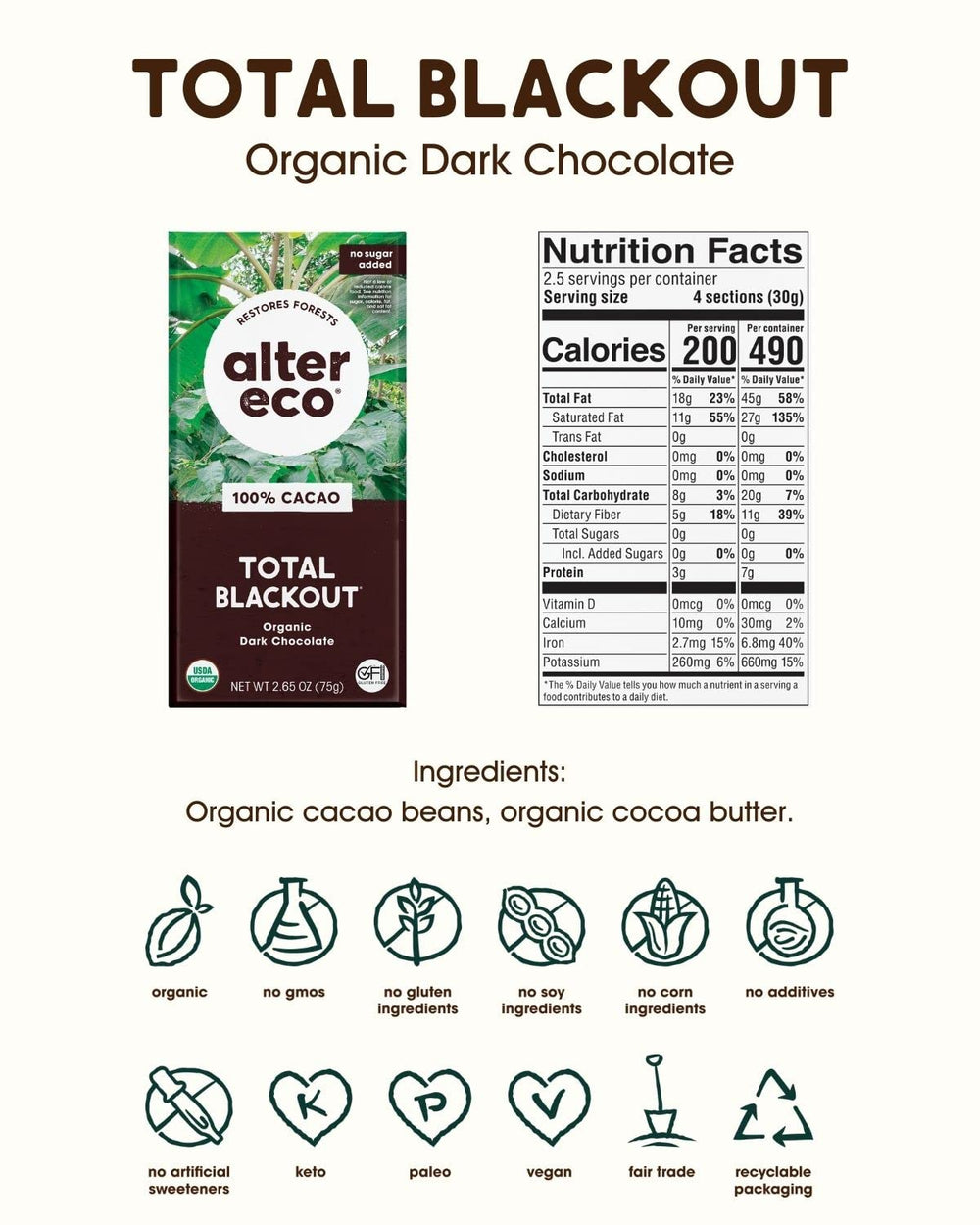 Alter Eco 100 percent cocoa square with smooth conched texture for premium chocolate experience