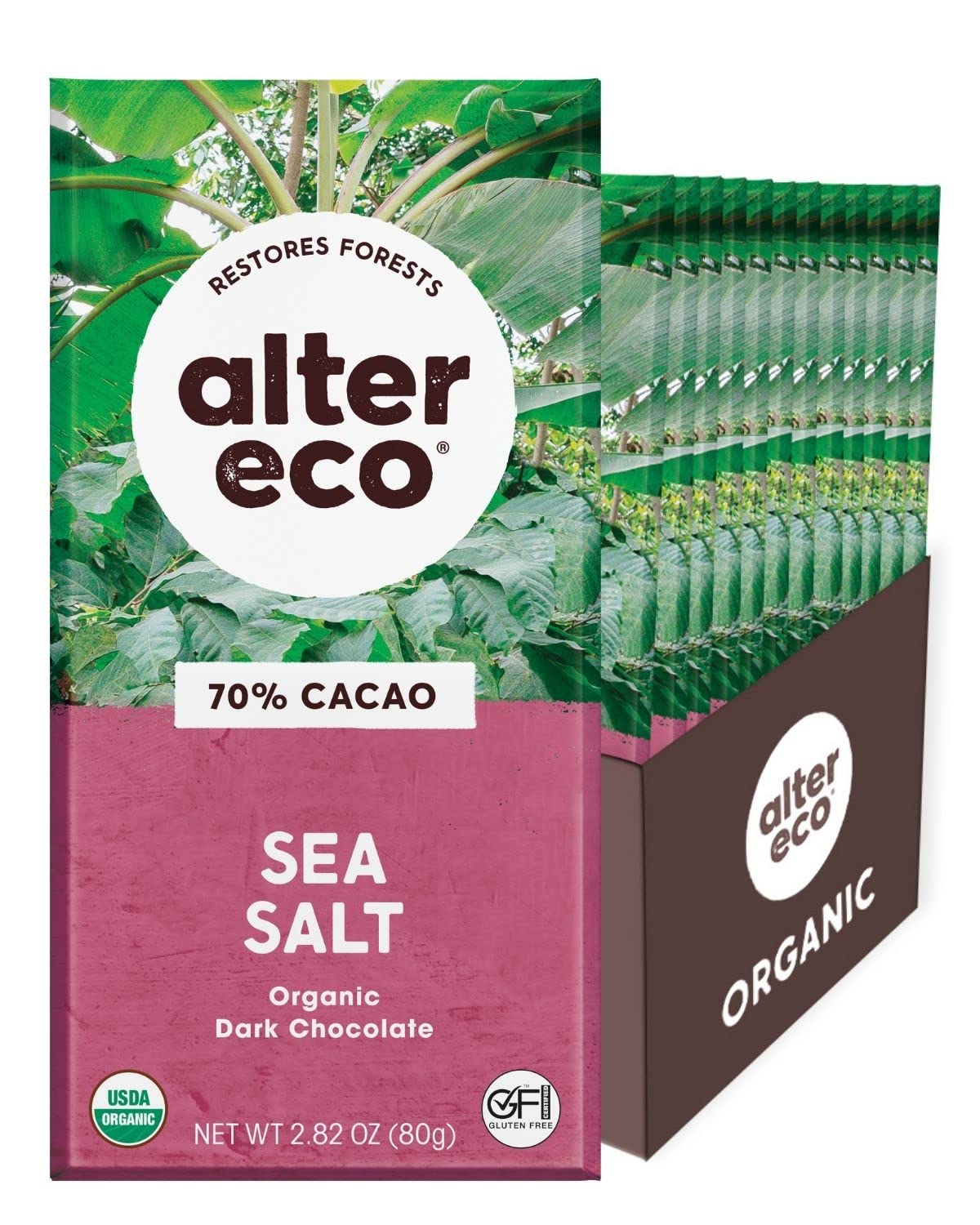 Alter Eco dark chocolate bar 70 percent cacao with sea salt for bold flavor.