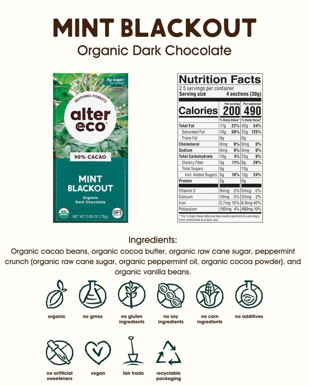 Alter Eco chocolate bar highlighting two-ingredient simplicity for minimalist snacking.