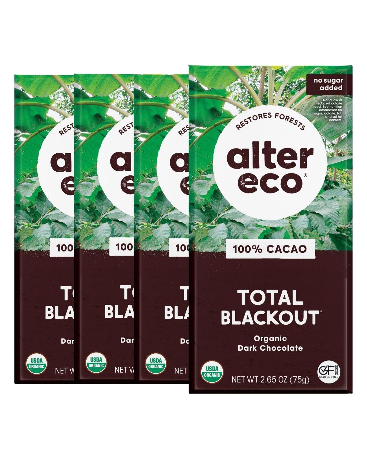 Alter Eco dark chocolate bars 4-pack front view ideal for baking and snacking.