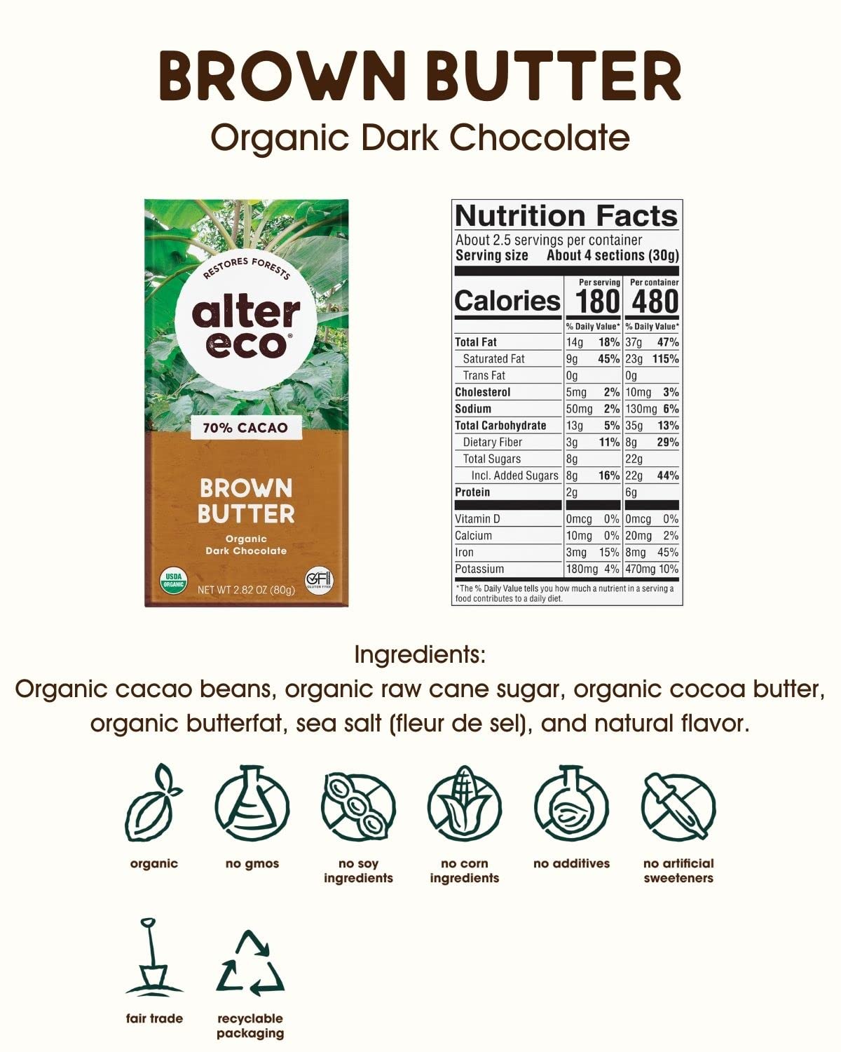 Alter Eco Dark Chocolate Bars two-ingredients close-up highlights pure cacao and cocoa butter.
