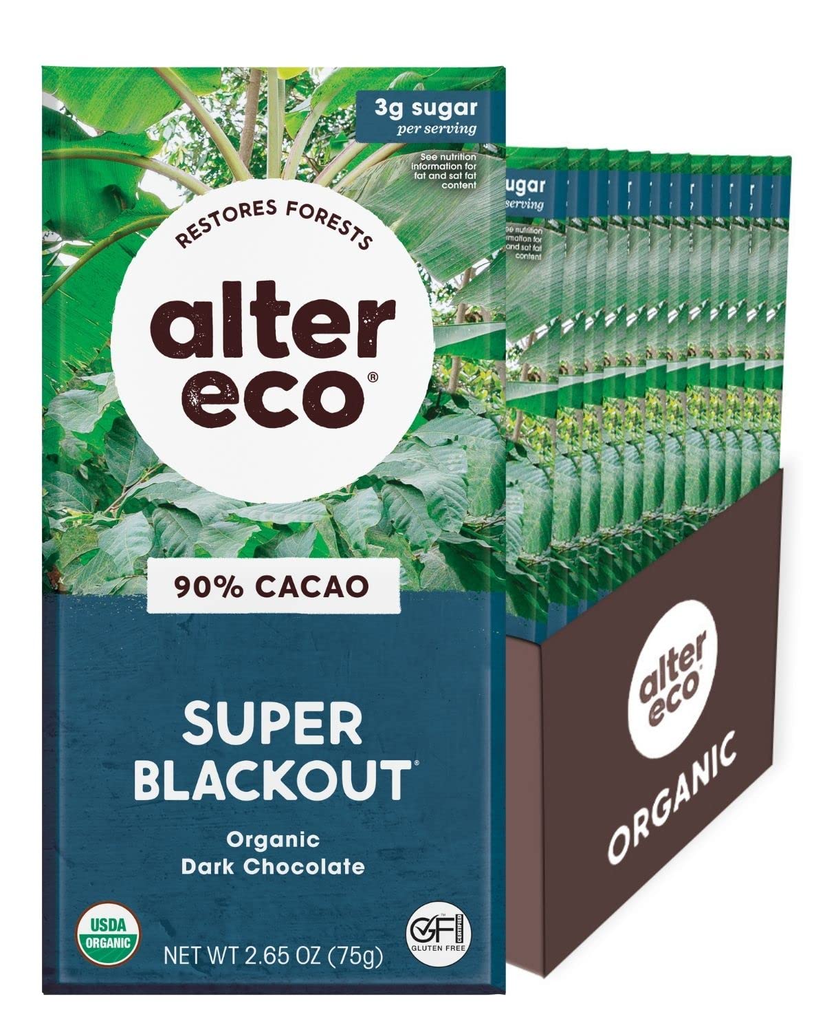 Alter Eco Super Blackout 12-pack box for bold dark chocolate enjoyment.