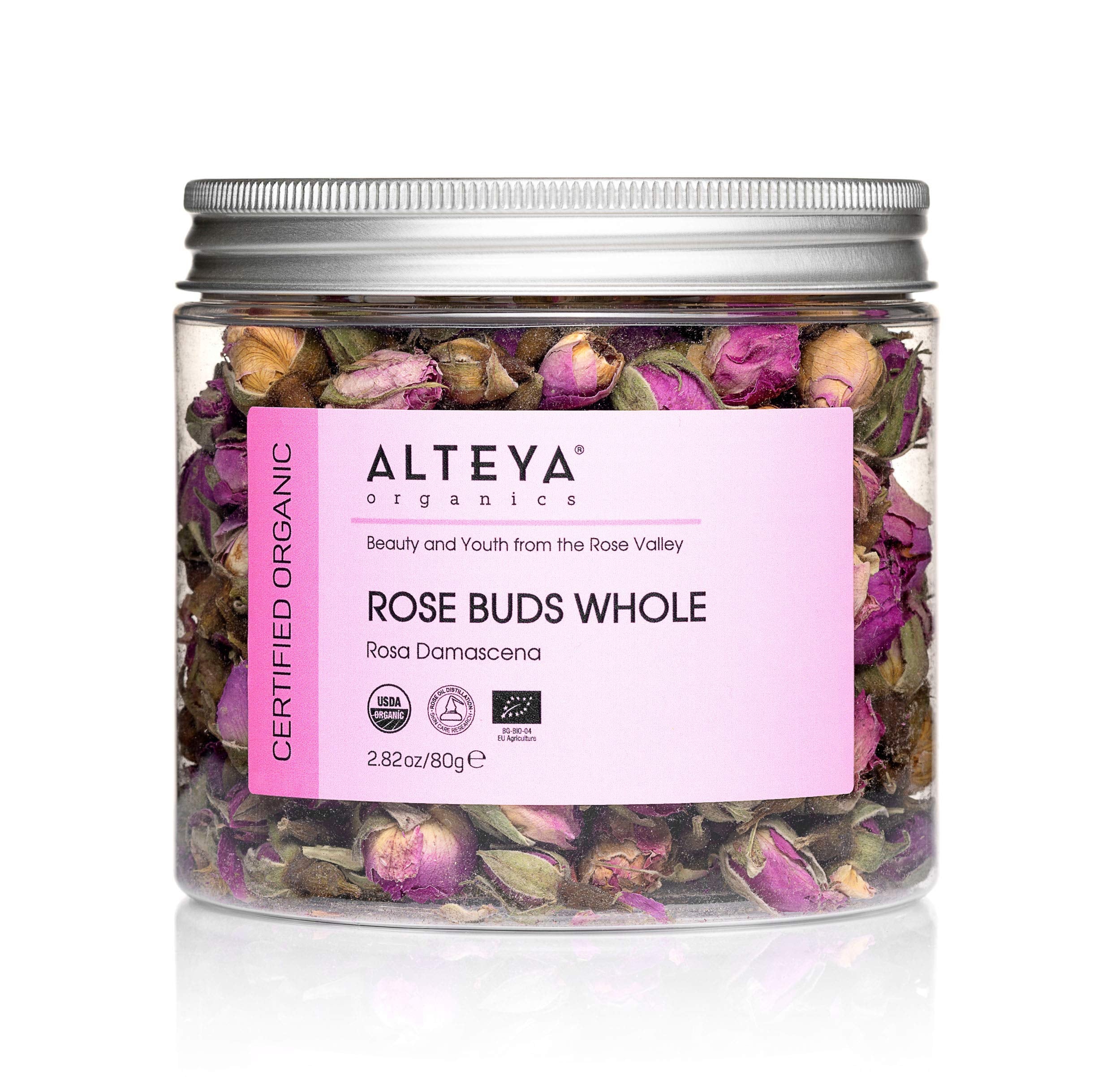Alteya Organics Rose Bud Tea packaging shows premium organic quality.