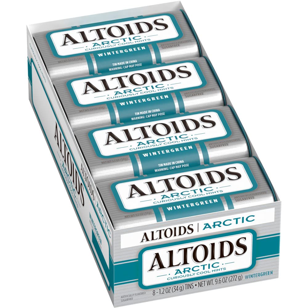 Altoids Arctic Wintergreen mints in a front-view tin for portable breath freshening