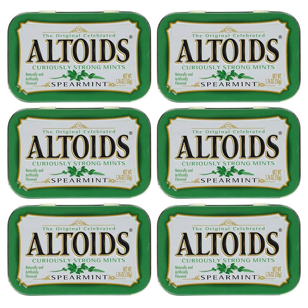 Altoids Curiously Strong Mints Spearmint tins six-pack for travel and meetings.