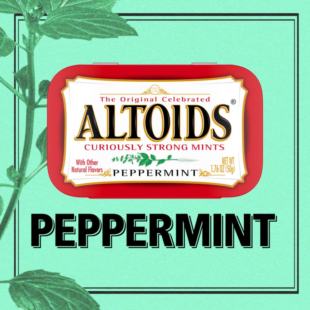 ALTOIDS Peppermint tin open, bright mints ready for on-the-go freshness.