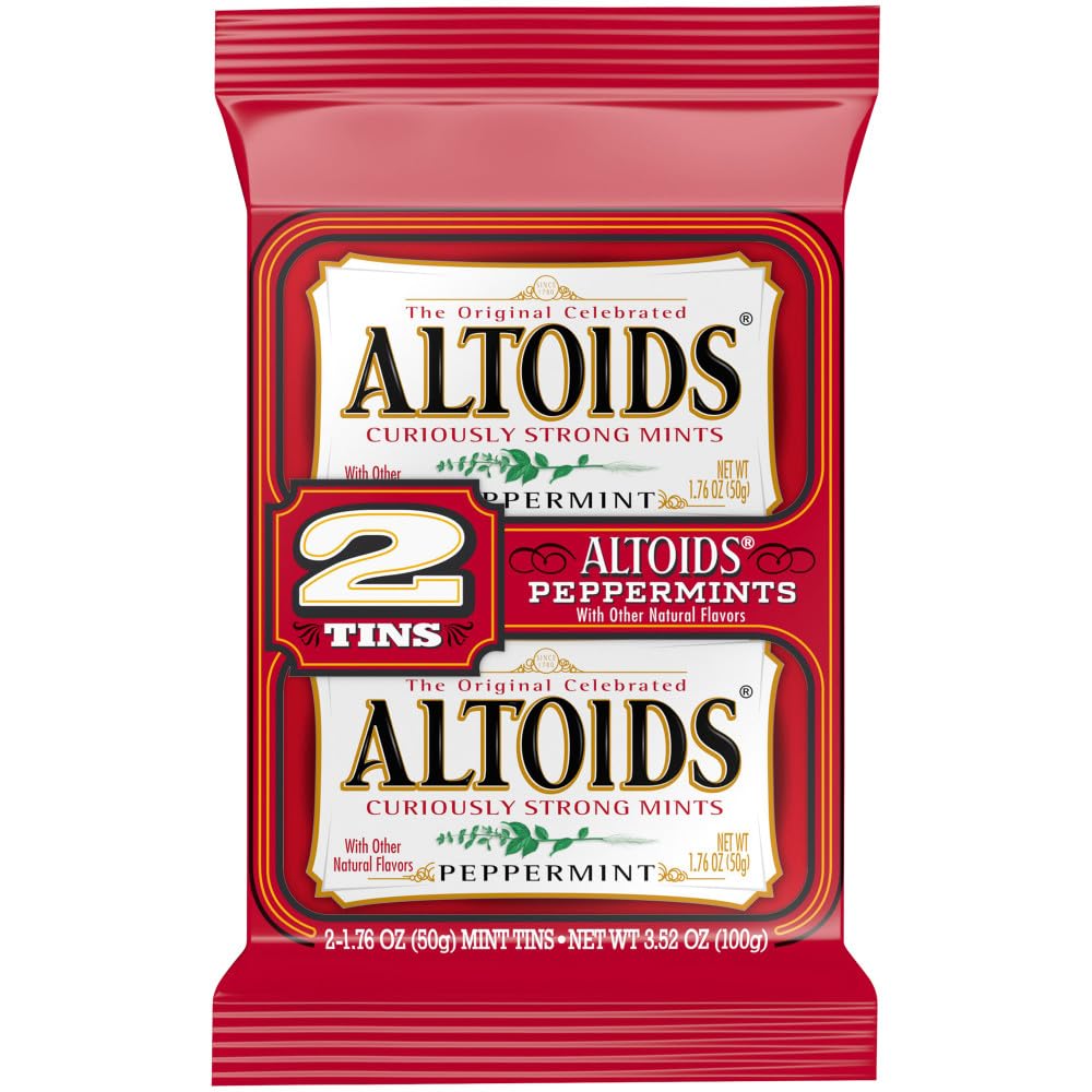 ALTOIDS Peppermint tins closeup highlighting curiously strong flavor that lasts in social moments.