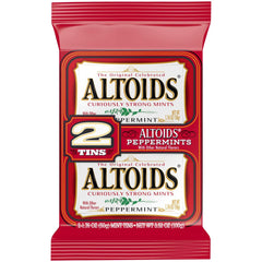 ALTOIDS Peppermint tins closeup highlighting curiously strong flavor that lasts in social moments.
