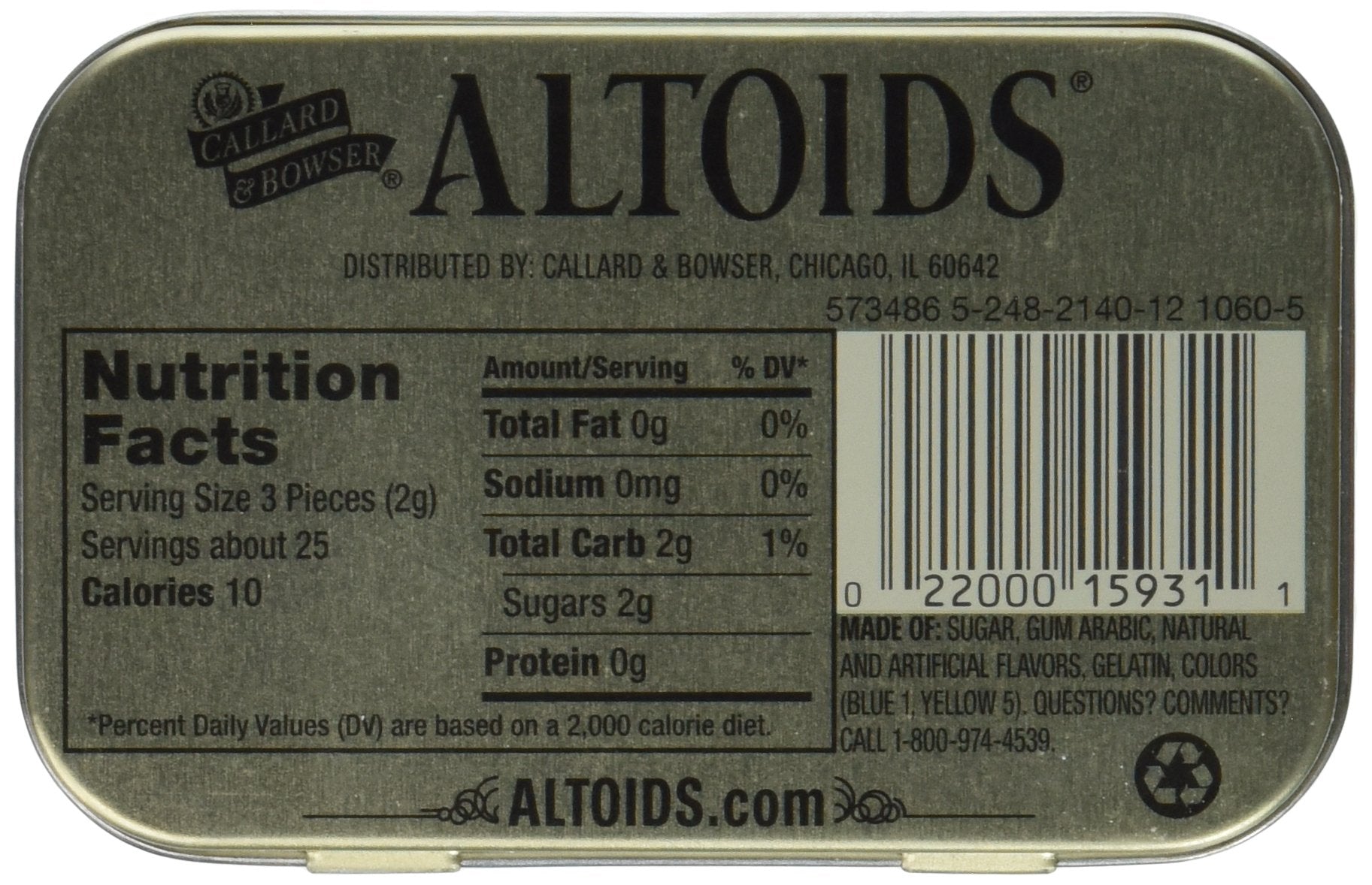 Close-up of Altoids Spearmint tin label for fresh breath on the go.