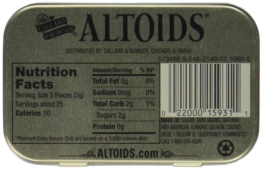 Close-up of Altoids Spearmint tin label for fresh breath on the go.