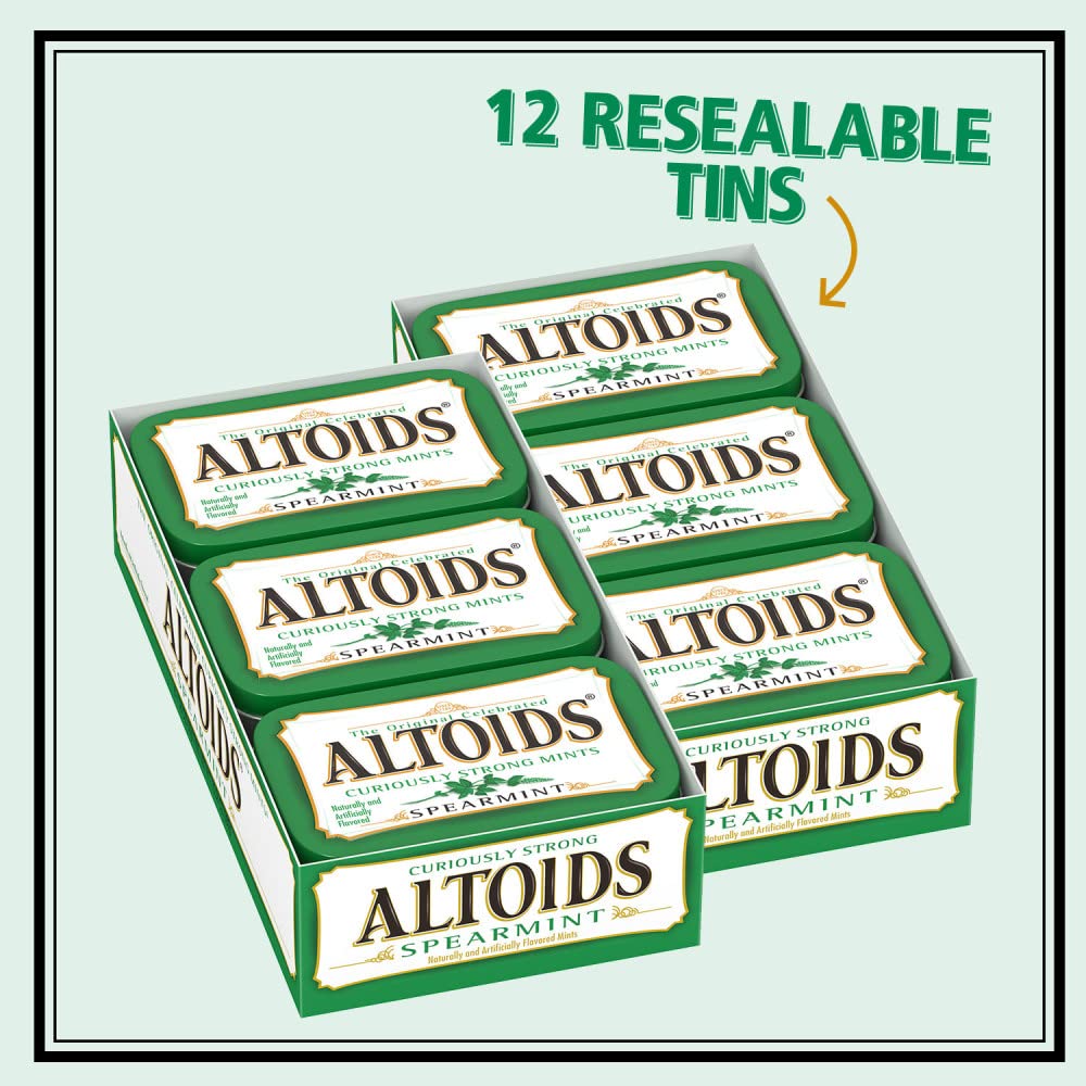 Altoids Spearmint mints twelve-tins display highlighting variety and reliability.