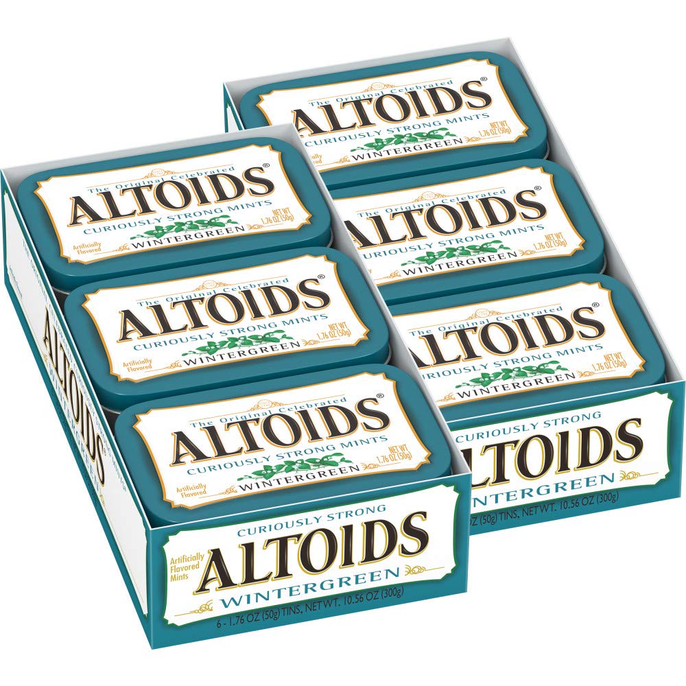 Altoids Wintergreen mints in an open tin for quick on-the-go refresh.