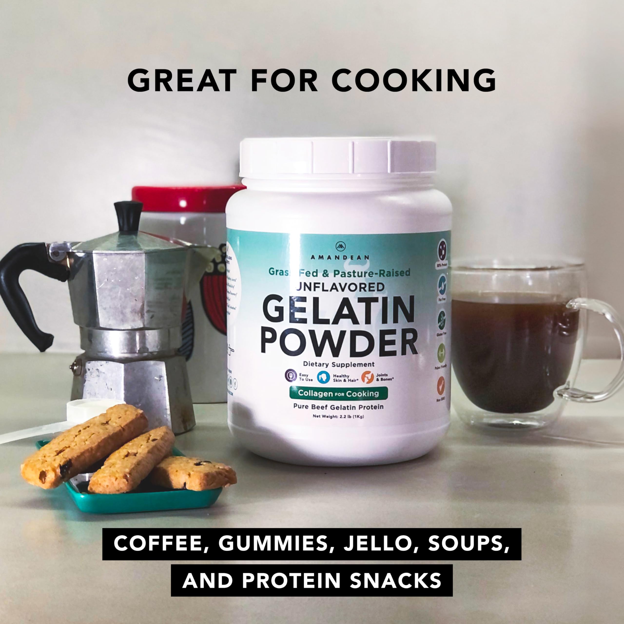 AMANDEAN gelatin powder used in gummies and desserts for families.