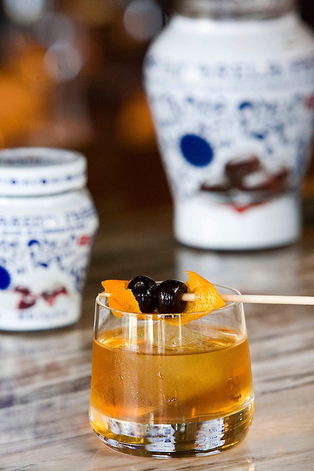 Amarena Fabbri cherries in syrup as a garnish for cocktails like Old Fashioned or Manhattans.