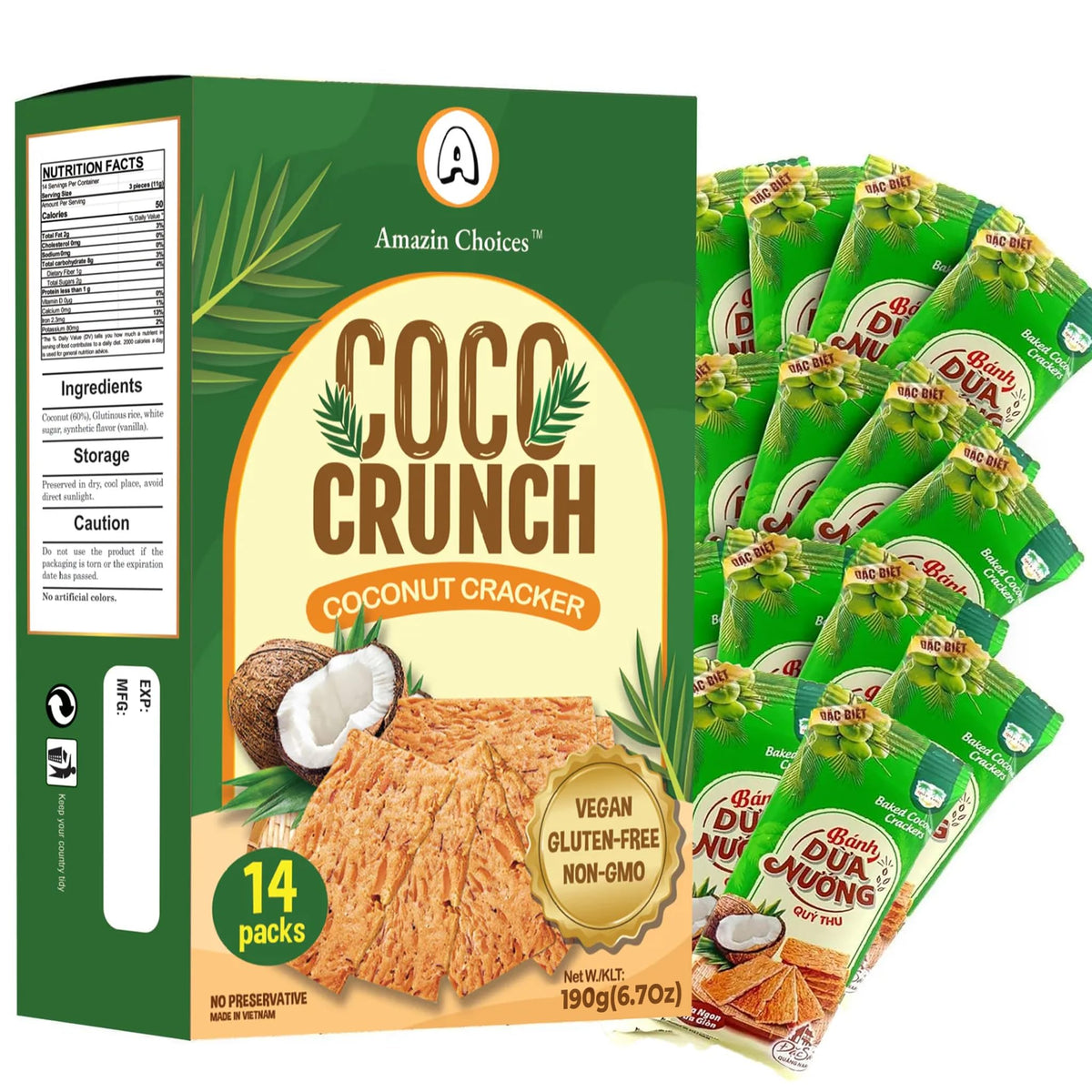 Amazin Choices COCO Crunch coconut crackers close-up showing crispy texture and aroma; ideal for on-the-go snacking.