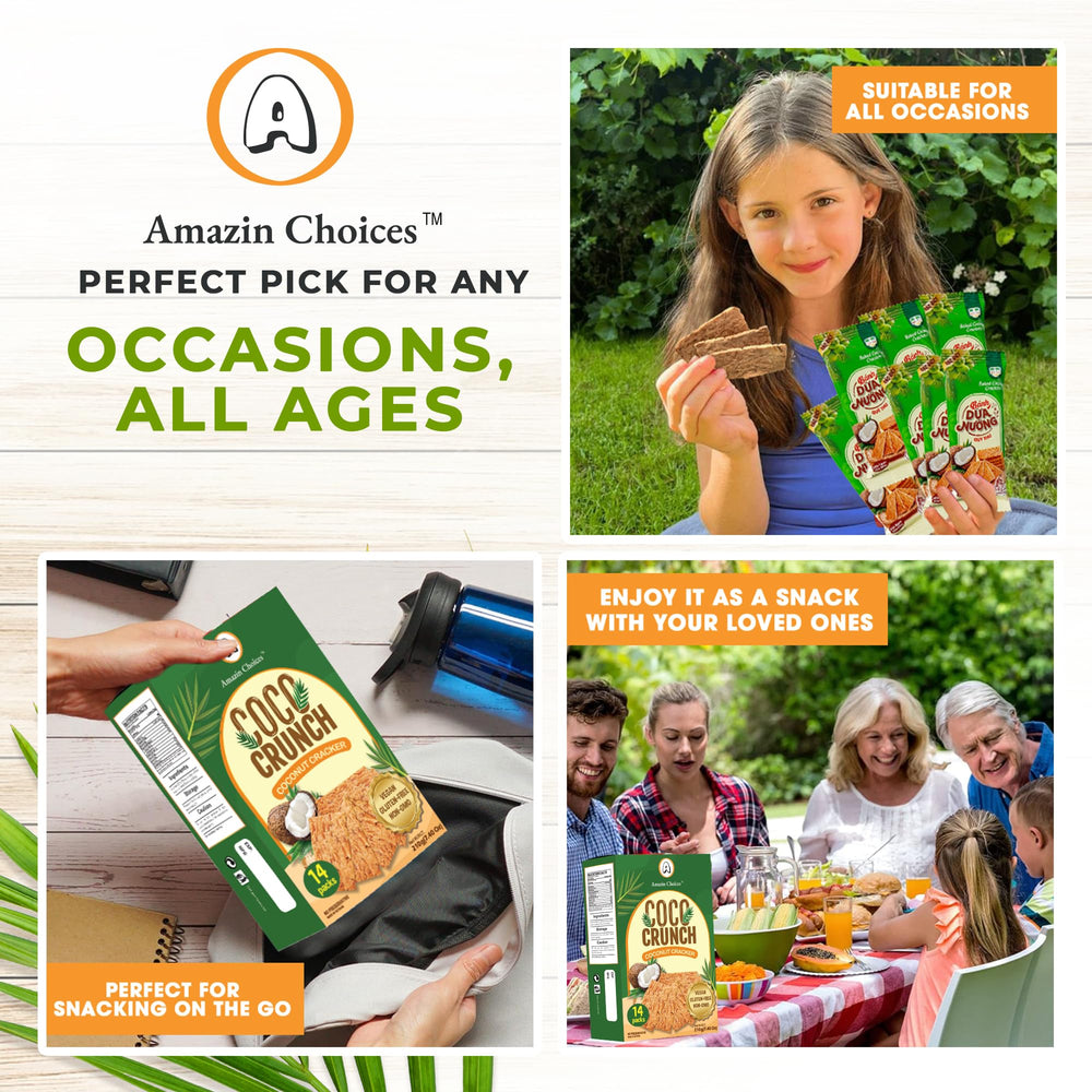 Kid-friendly COCO Crunch coconut crackers from Amazin Choices, a tasty snack for kids and adults.