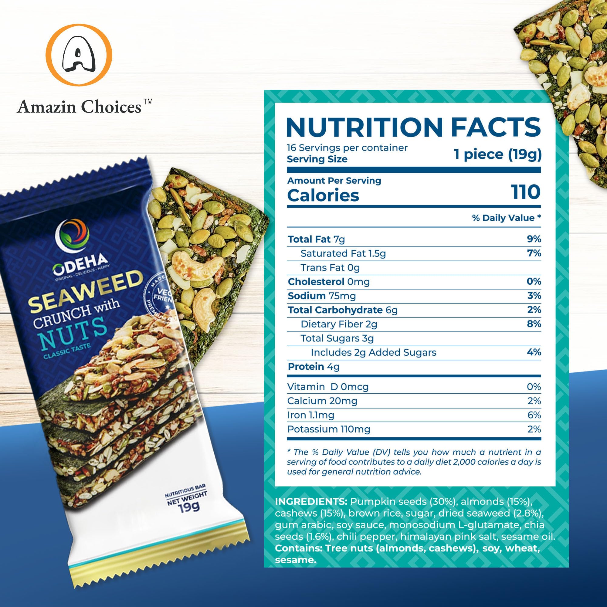 Amazin Choices Seaweed Sheets snack close-up with seeds emphasizes savory bite.