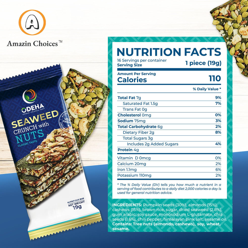 Amazin Choices Seaweed Sheets snack close-up with seeds emphasizes savory bite.