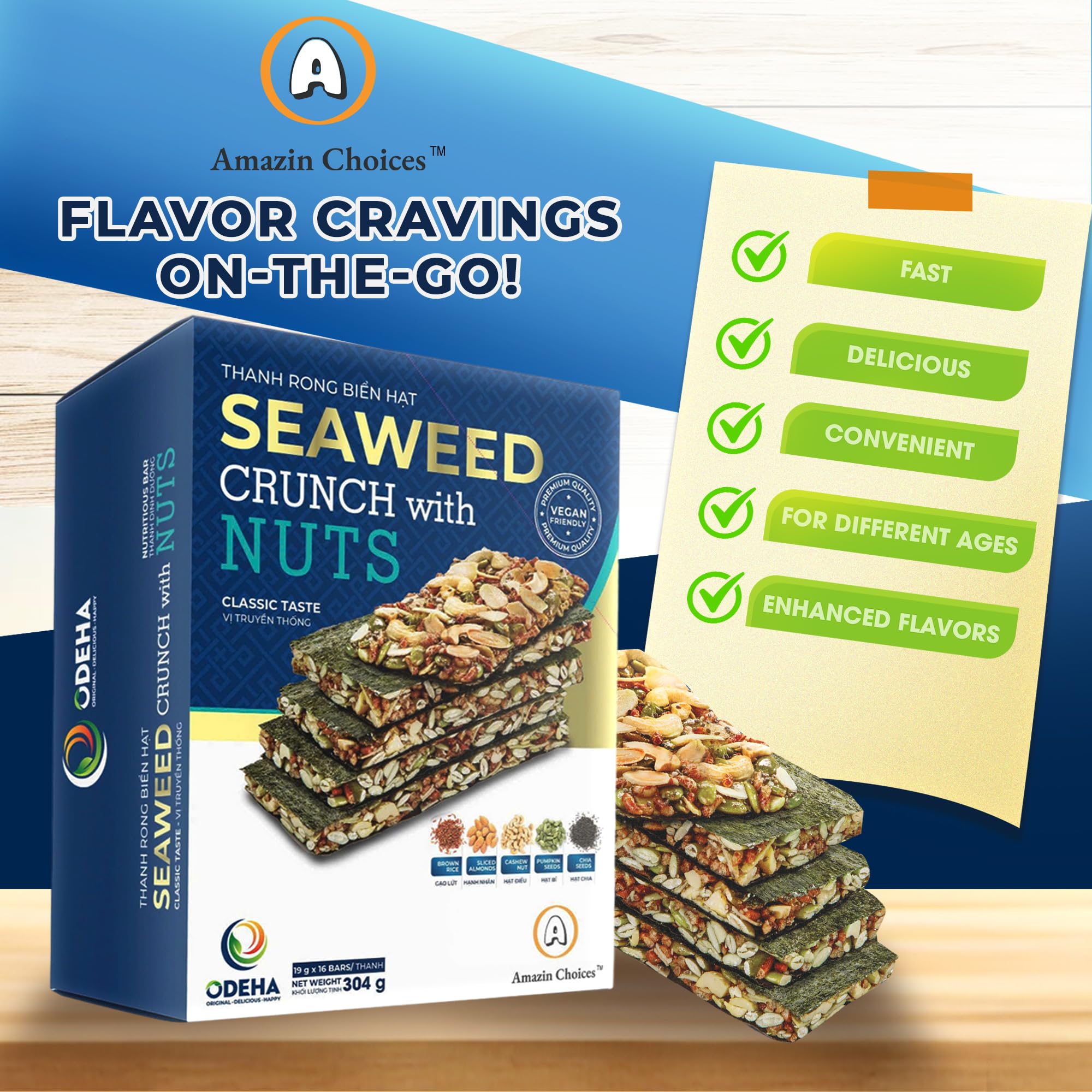 Amazin Choices Seaweed Crunch Bar with almonds and cashews highlights wholesome crunch.