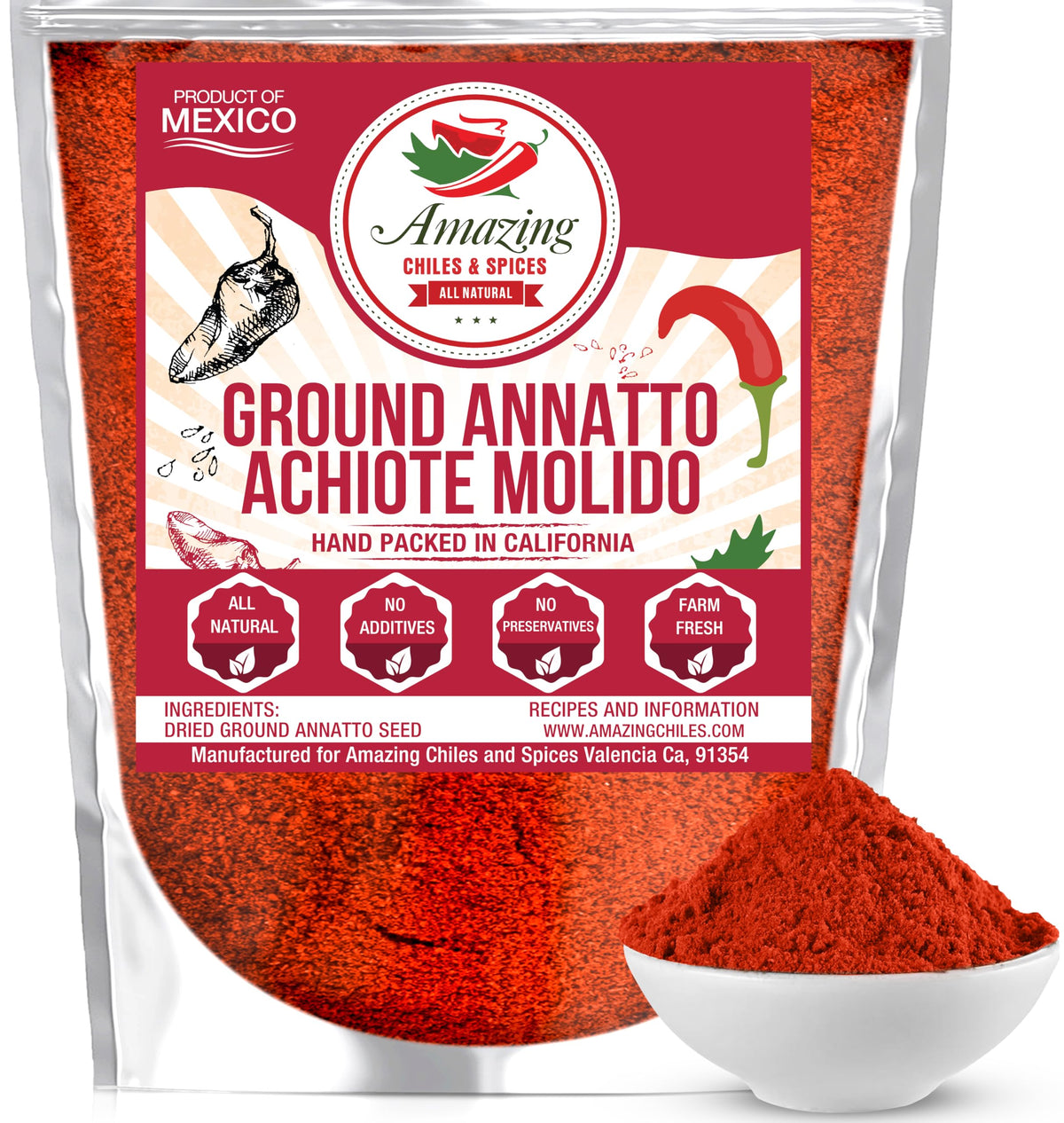 Achiote powder from Amazing Chiles & Spices ground annatto seeds adds vibrant color to dishes.