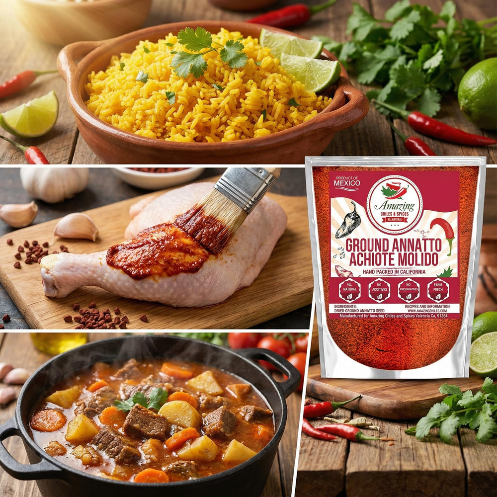 Sealed resealable bag keeps aroma fresh for Amazing Chiles & Spices Achiote powder.