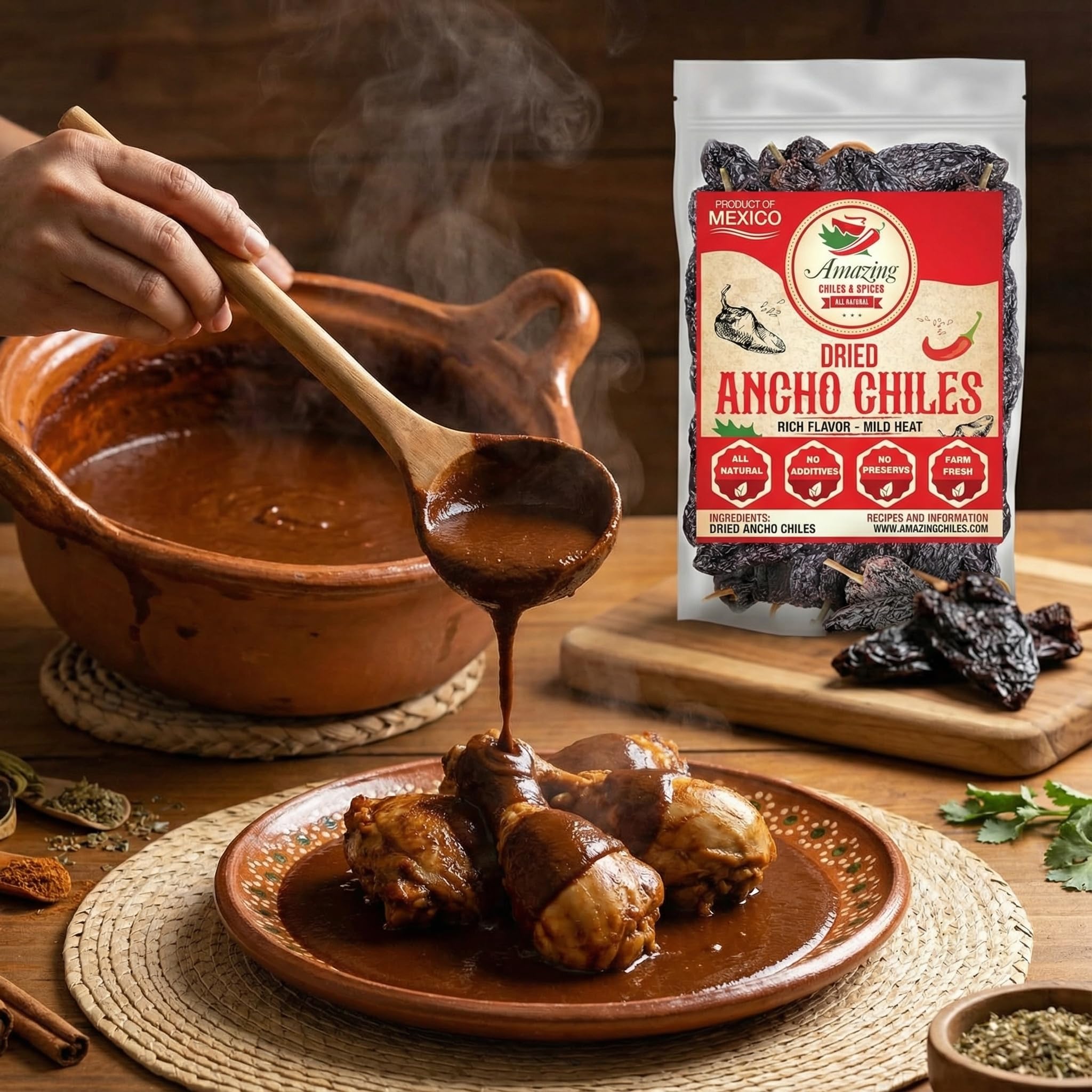 Amazing Chiles and Spices ancho chiles with spices and salsa ingredients for depth