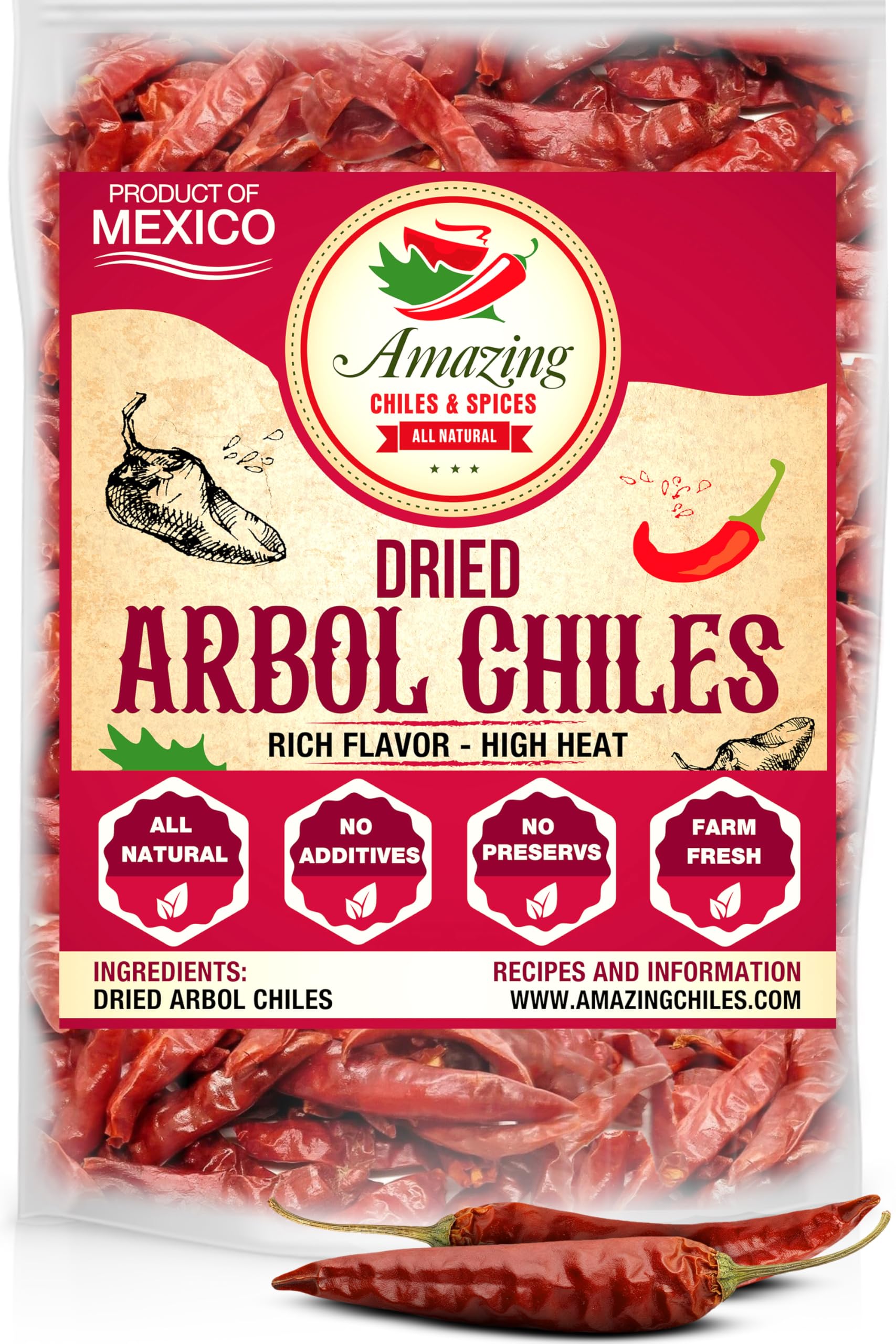 Amazing Chiles Chile De Arbol 4oz bag – resealable for lasting freshness.
