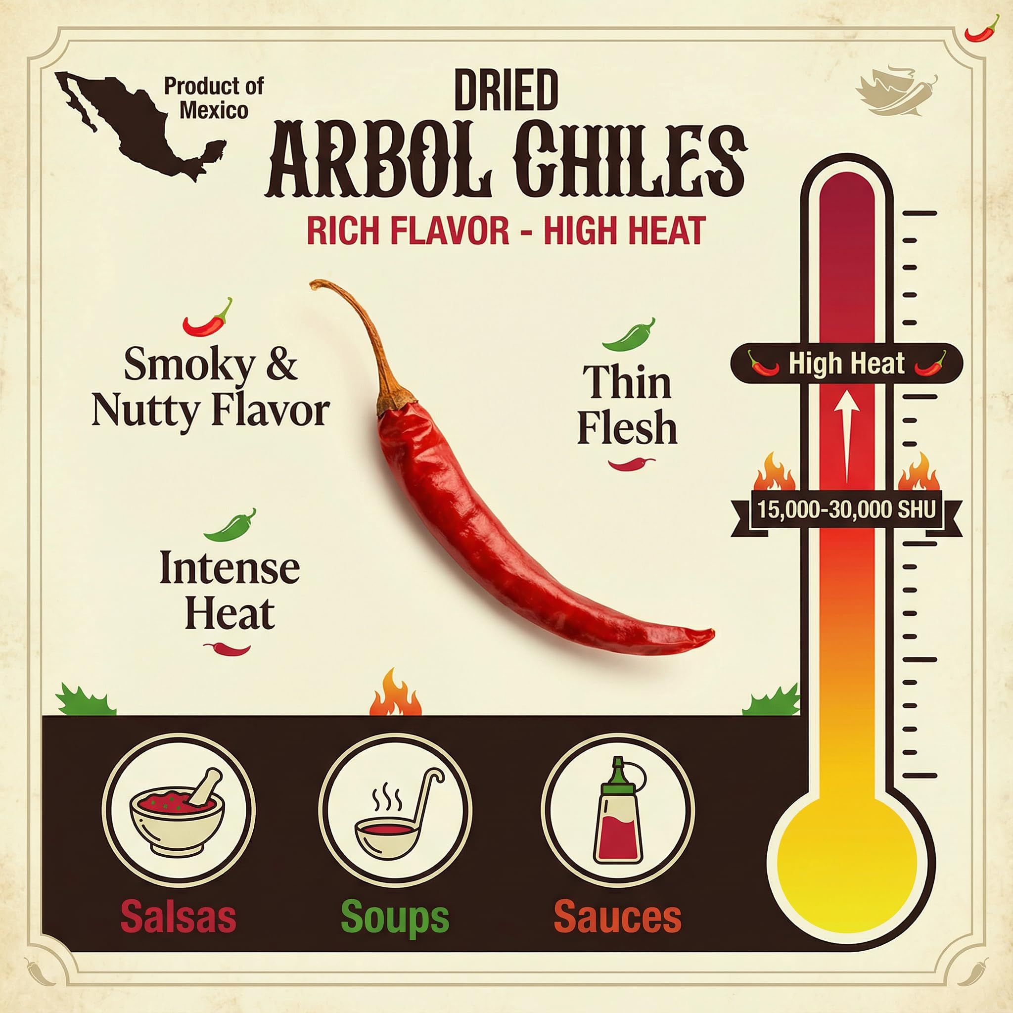 Amazing Chiles Chile De Arbol dried peppers – close-up showing vibrant red heat.