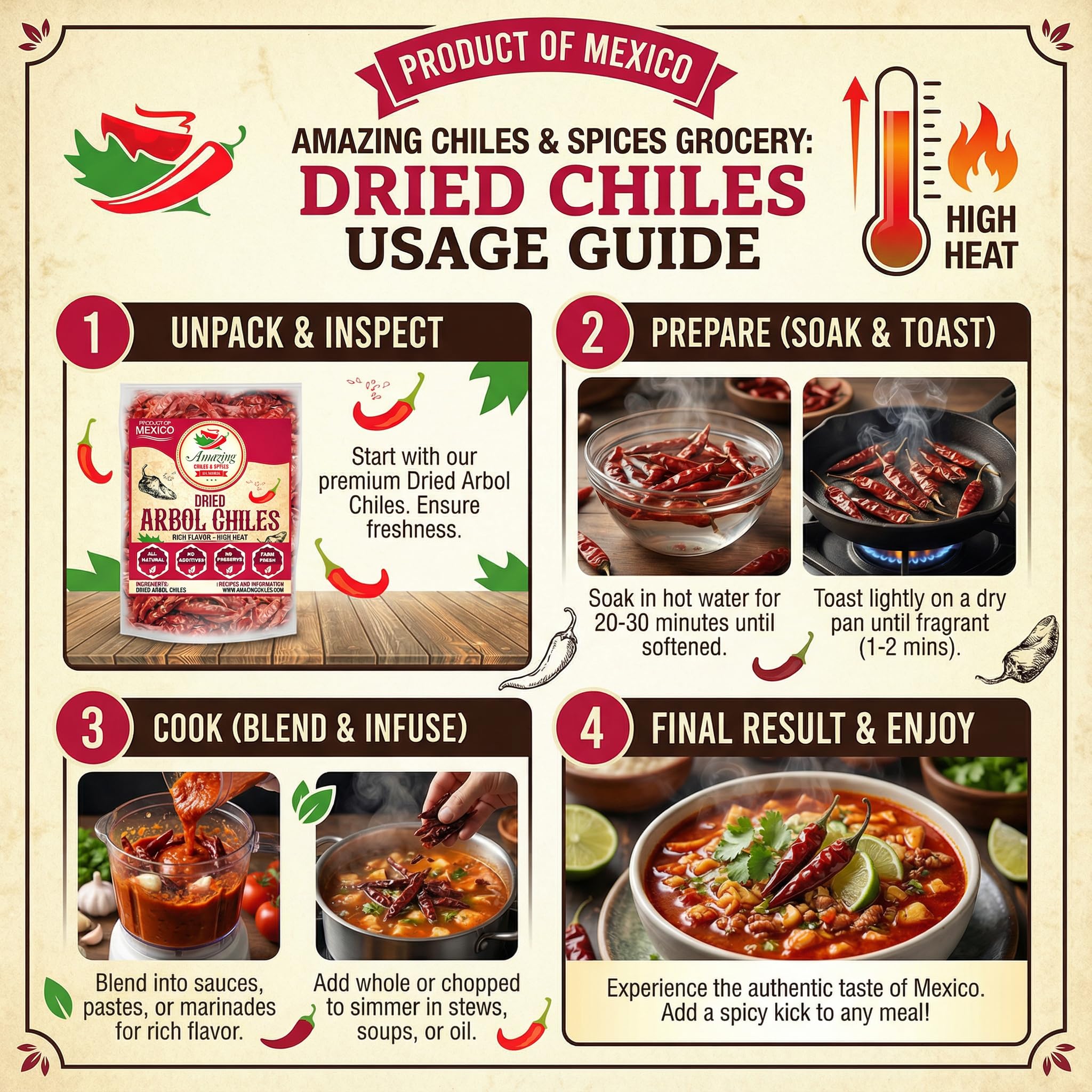 Amazing Chiles Chile De Arbol peppers – fair trade source from Mexico.