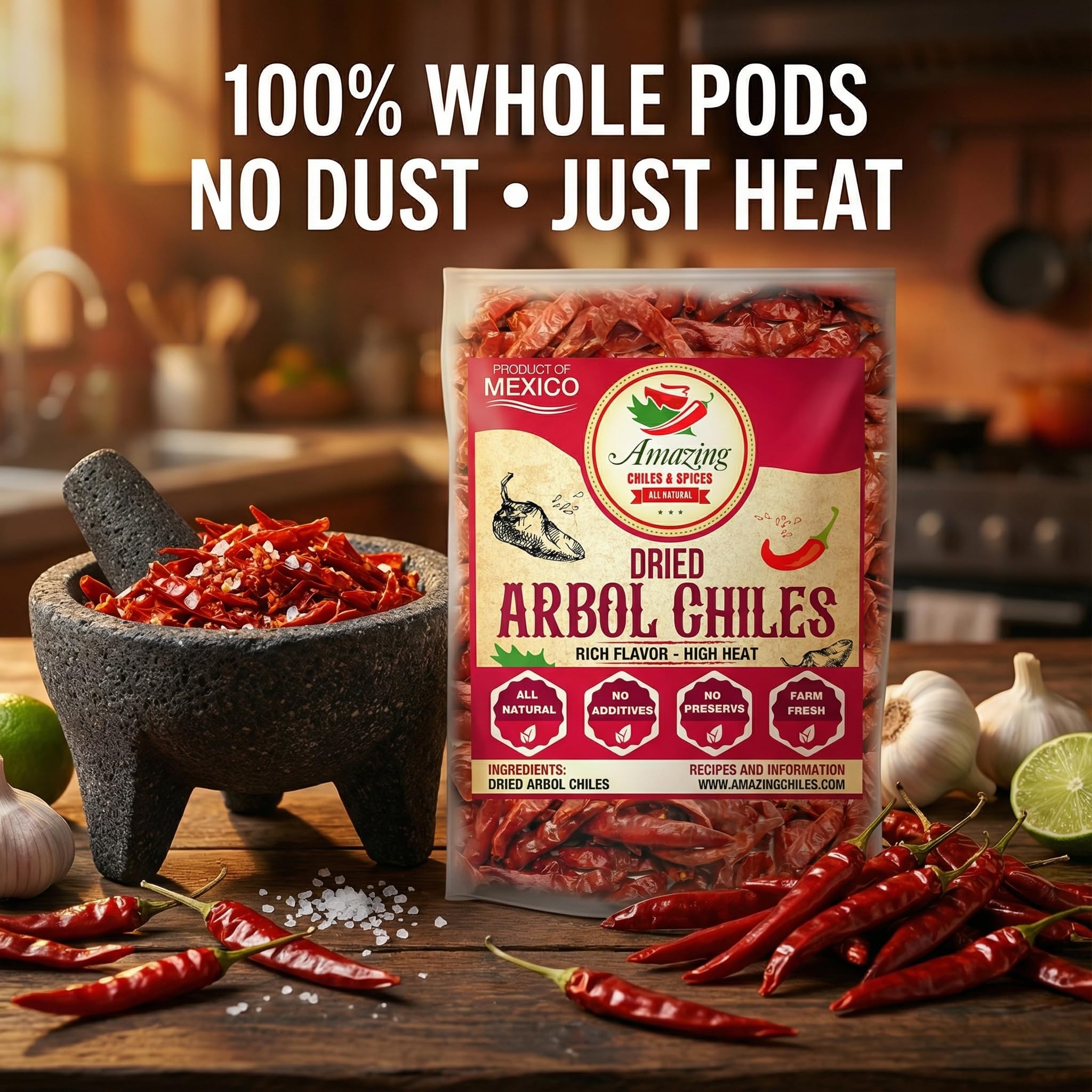 Amazing Chiles Chile De Arbol – resealable bag helps keep peppers fresh.