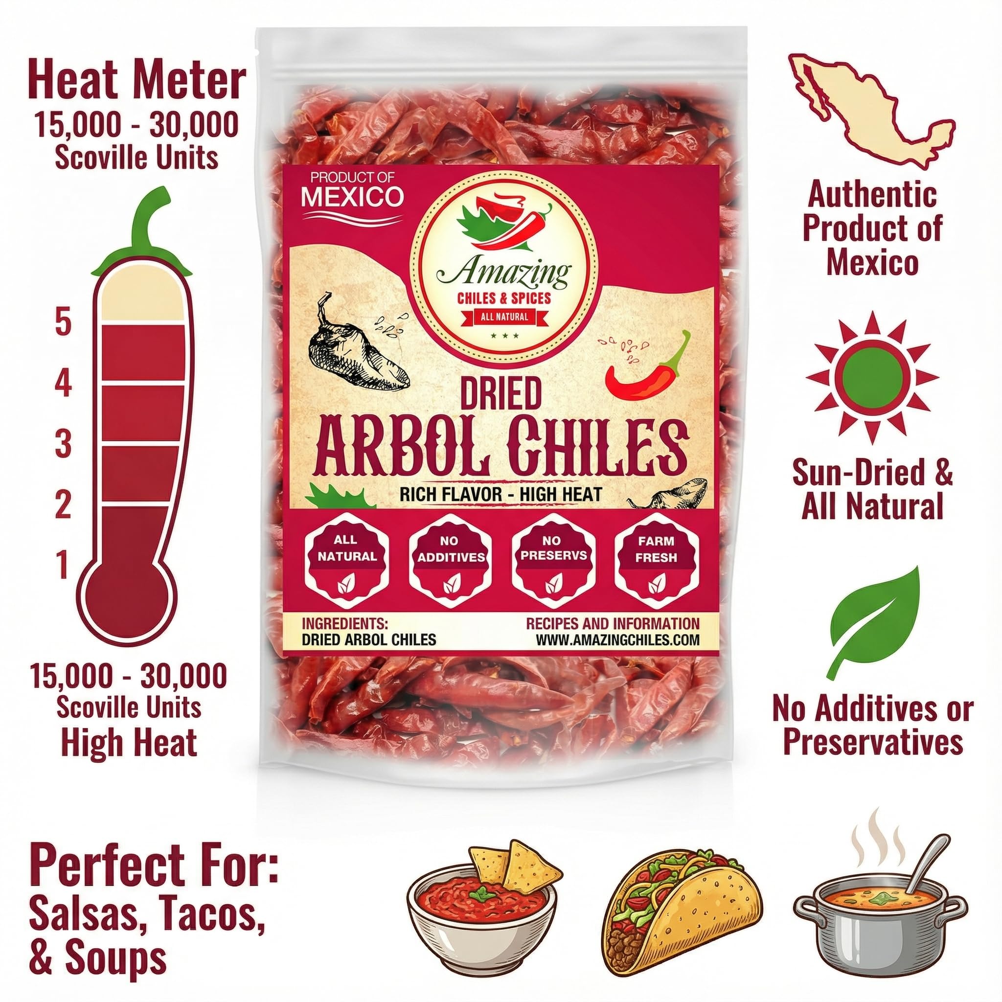 Amazing Chiles Chile De Arbol – smoky, pungent aroma in whole peppers.