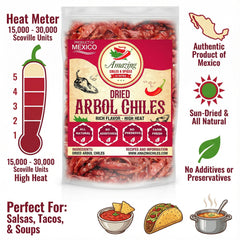 Amazing Chiles Chile De Arbol – smoky, pungent aroma in whole peppers.