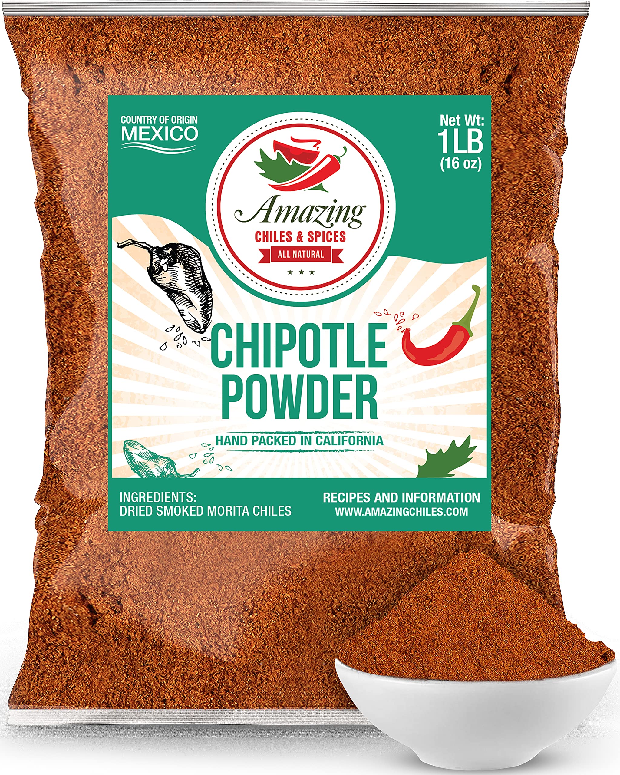 Amazing Chiles & Spices chipotle chili powder bottle delivers rich smoky aroma for meats