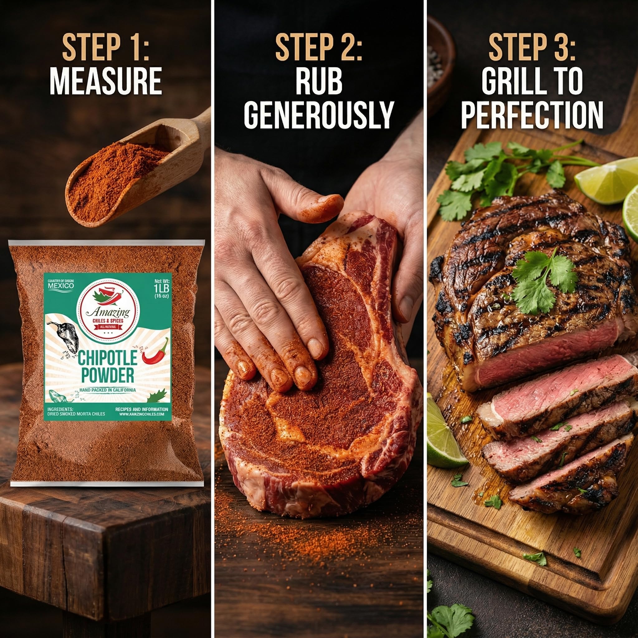 Smoky chipotle powder dusting on steak enhances flavor and char