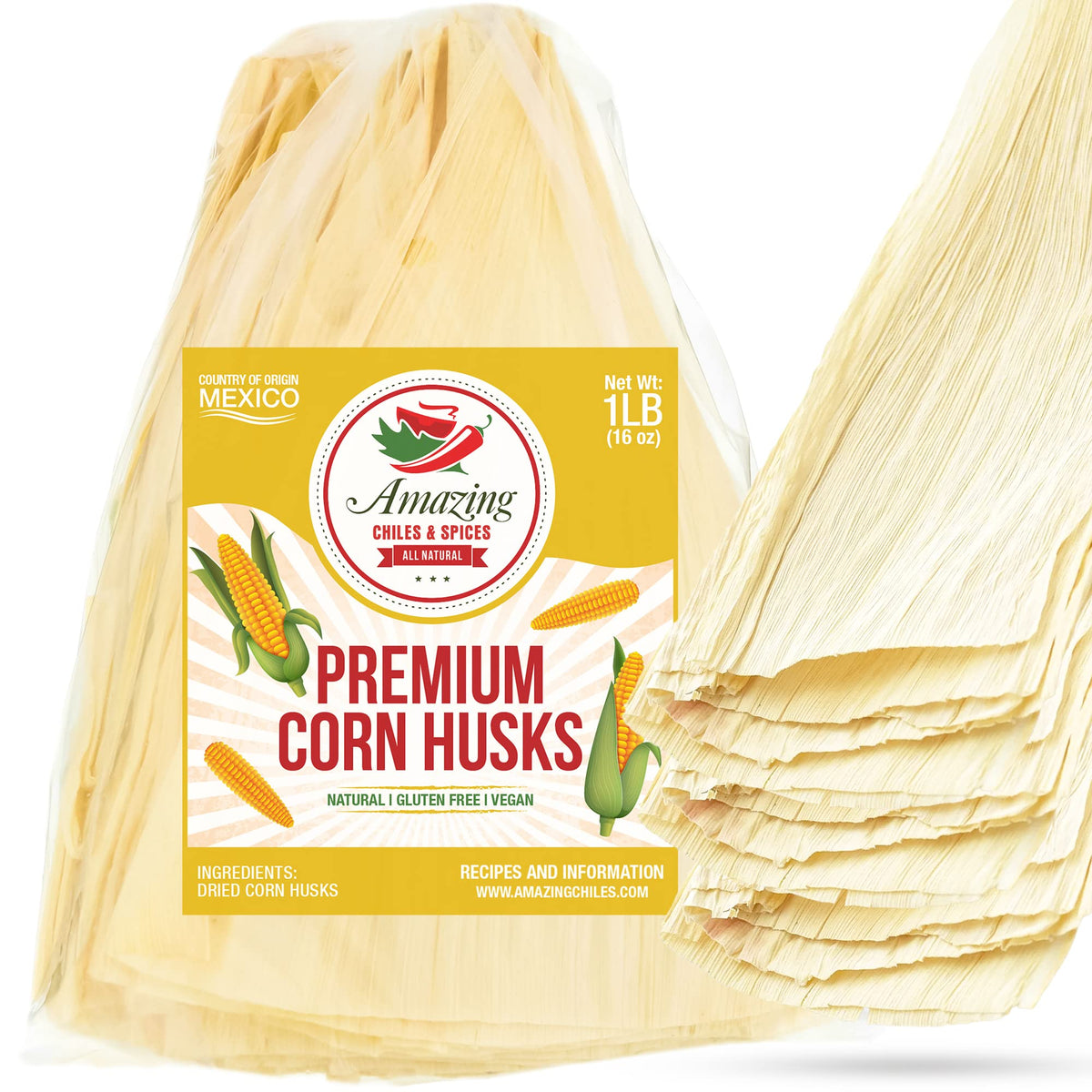 Amazing Chiles & Spices corn husks bulk pack, ideal for authentic tamales and easy wrapping.
