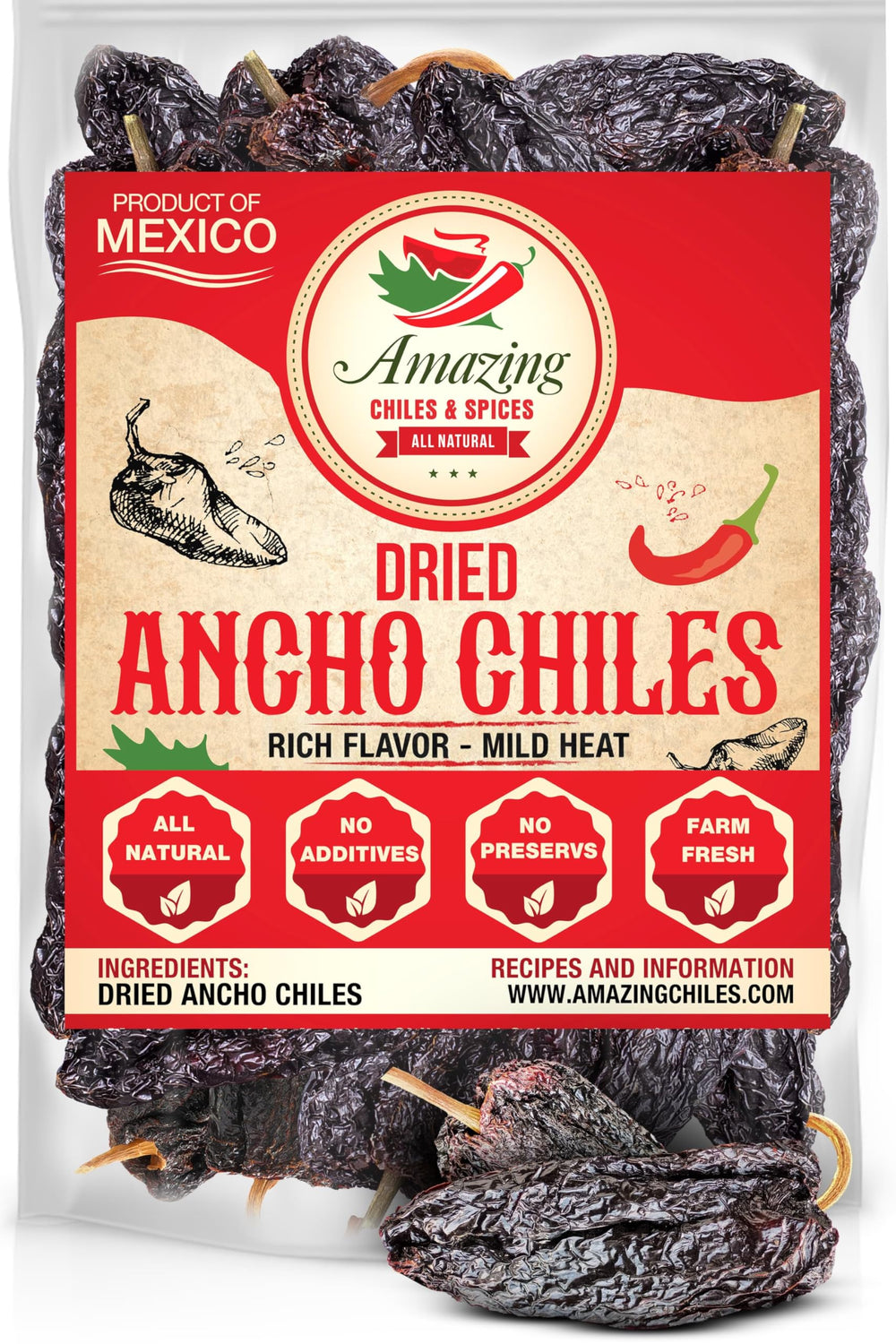 Amazing Chiles and Spices dried ancho chiles in bag for premium flavor