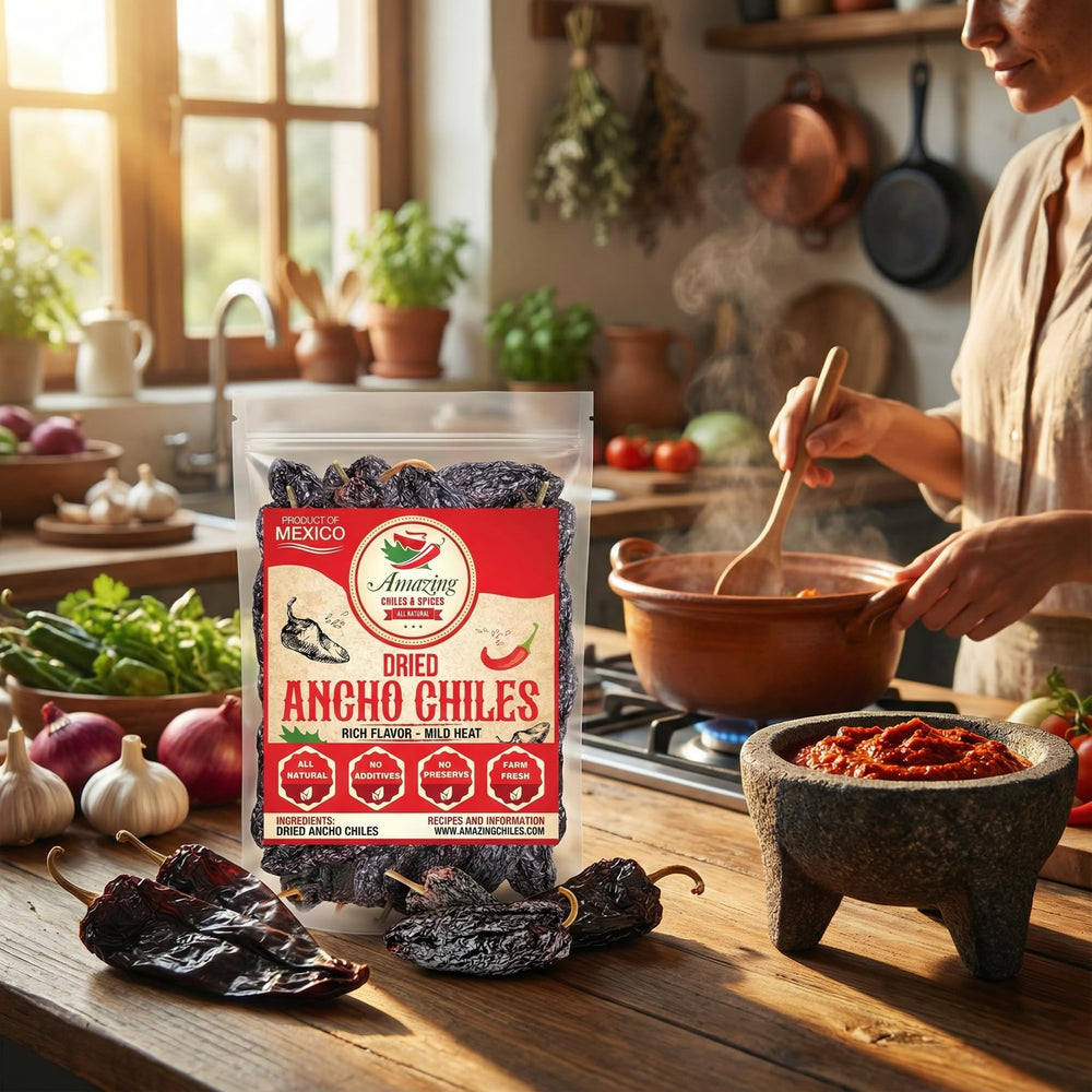 Amazing Chiles and Spices dried ancho chiles label front for fresh aroma