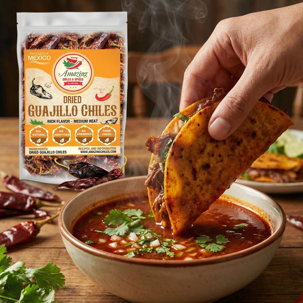 Amazing Chiles & Spices Guajillo chiles fair-trade sourced for consistent flavor.