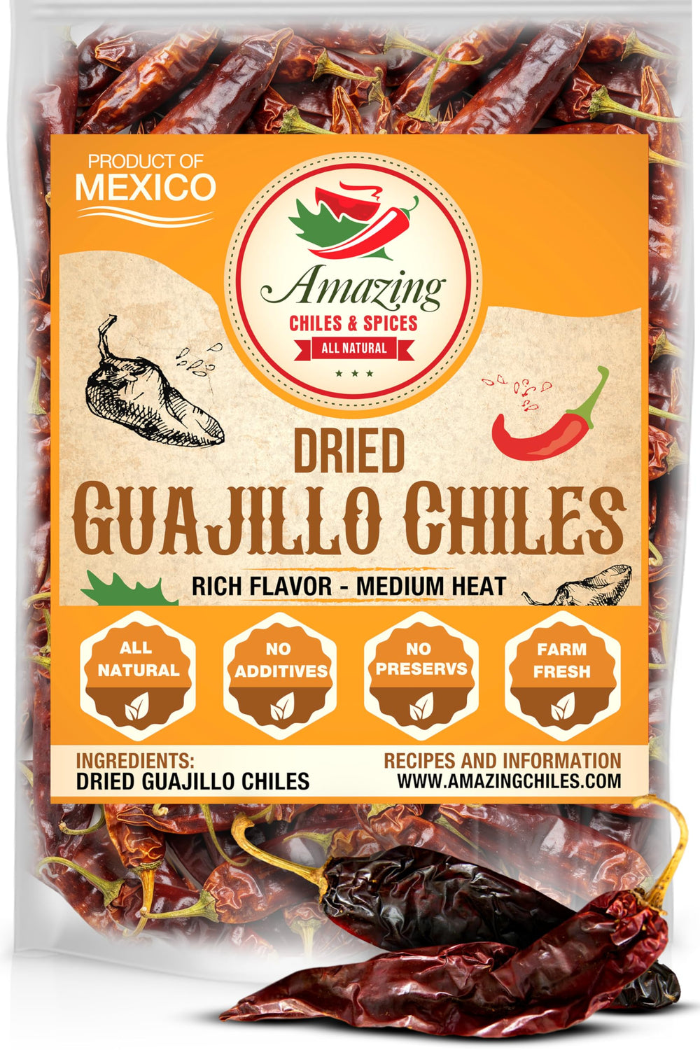 Amazing Chiles & Spices Guajillo whole peppers in a bag, ready for authentic Mexican recipes.