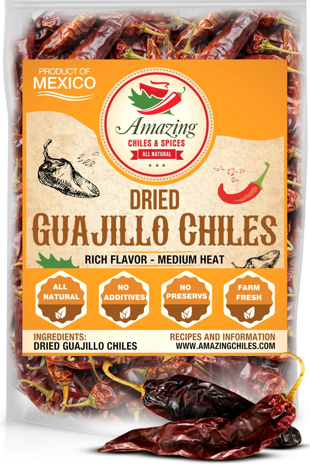 Amazing Chiles & Spices Guajillo whole peppers in a bag, ready for authentic Mexican recipes.