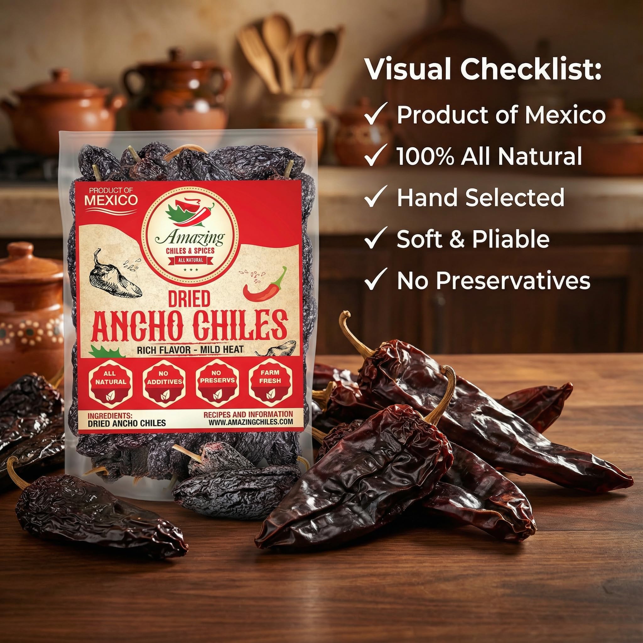 Amazing Chiles and Spices kitchen scene shows authentic Mexican cooking with ancho chiles