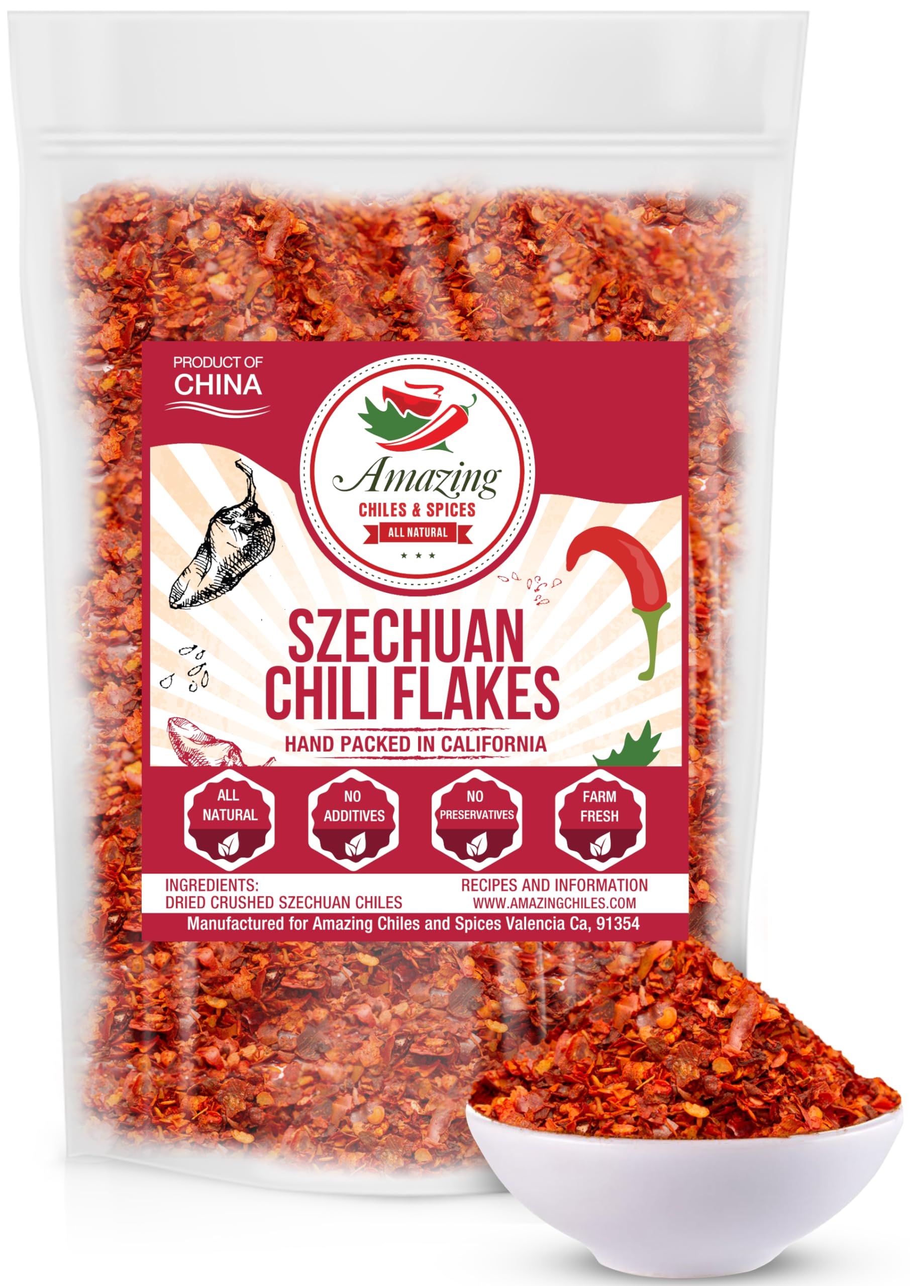 Amazing Chiles Sichuan Chili Flakes bottle front showing bold heat for many meals