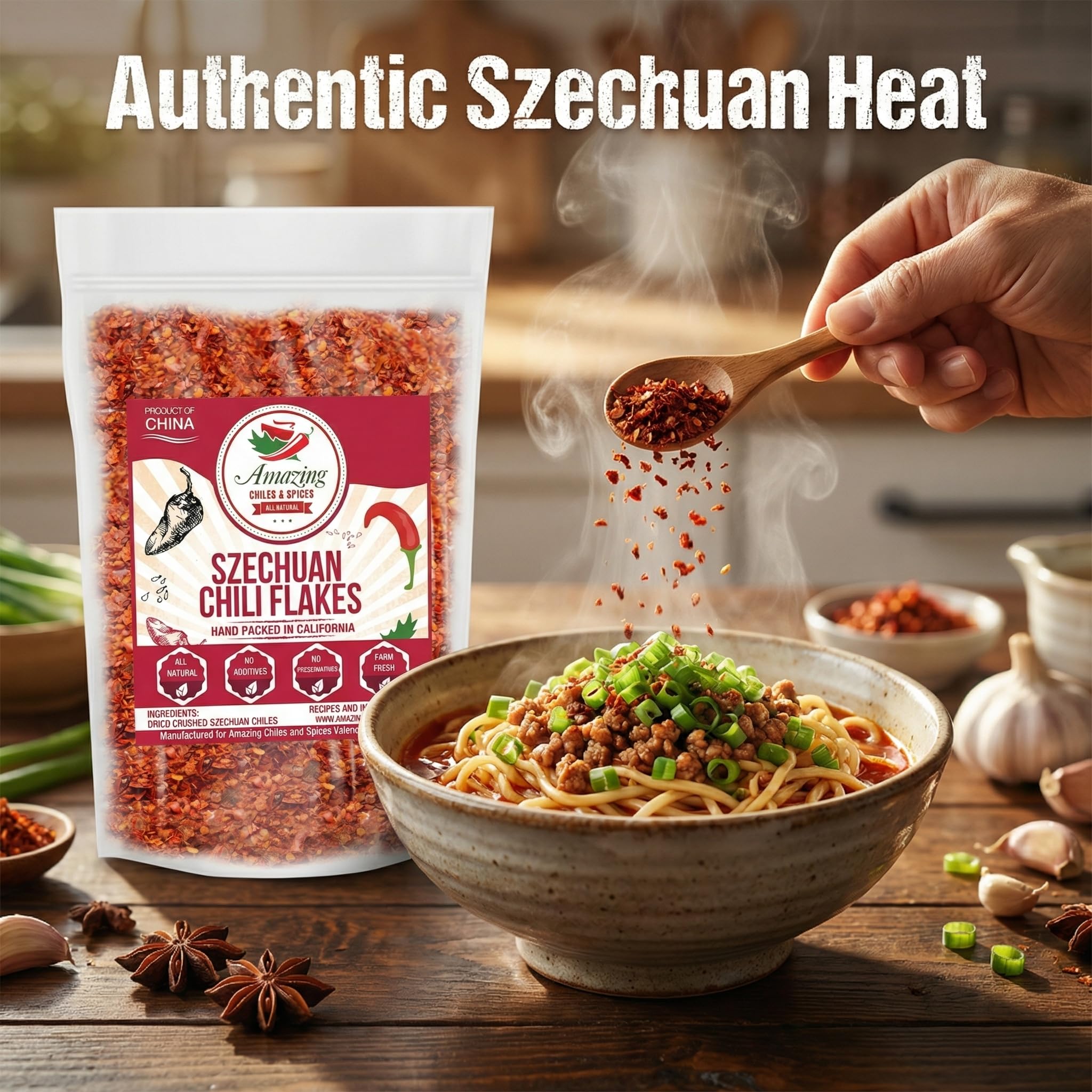 Amazing Chiles Sichuan Chili Flakes in kimchi bowl delivers vibrant heat