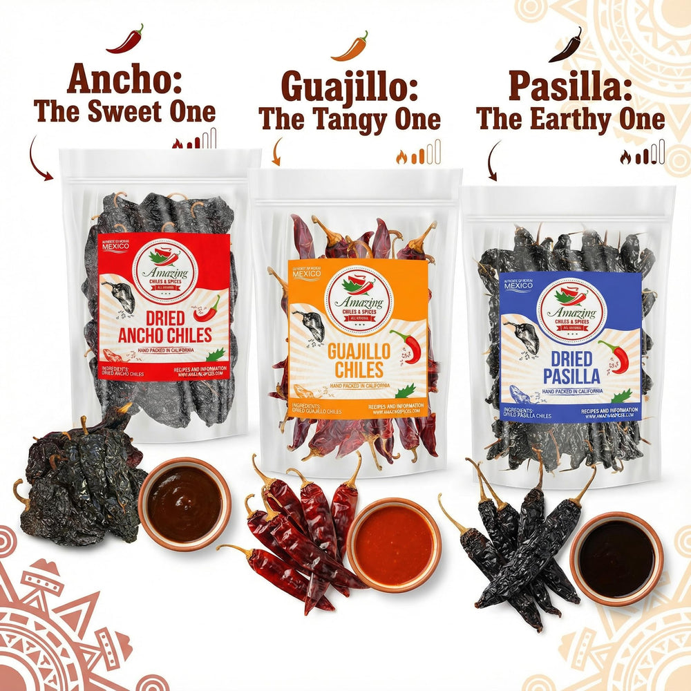 Amazing Chiles & Spices ancho chiles closeup reveals wrinkled texture ideal for salsas.