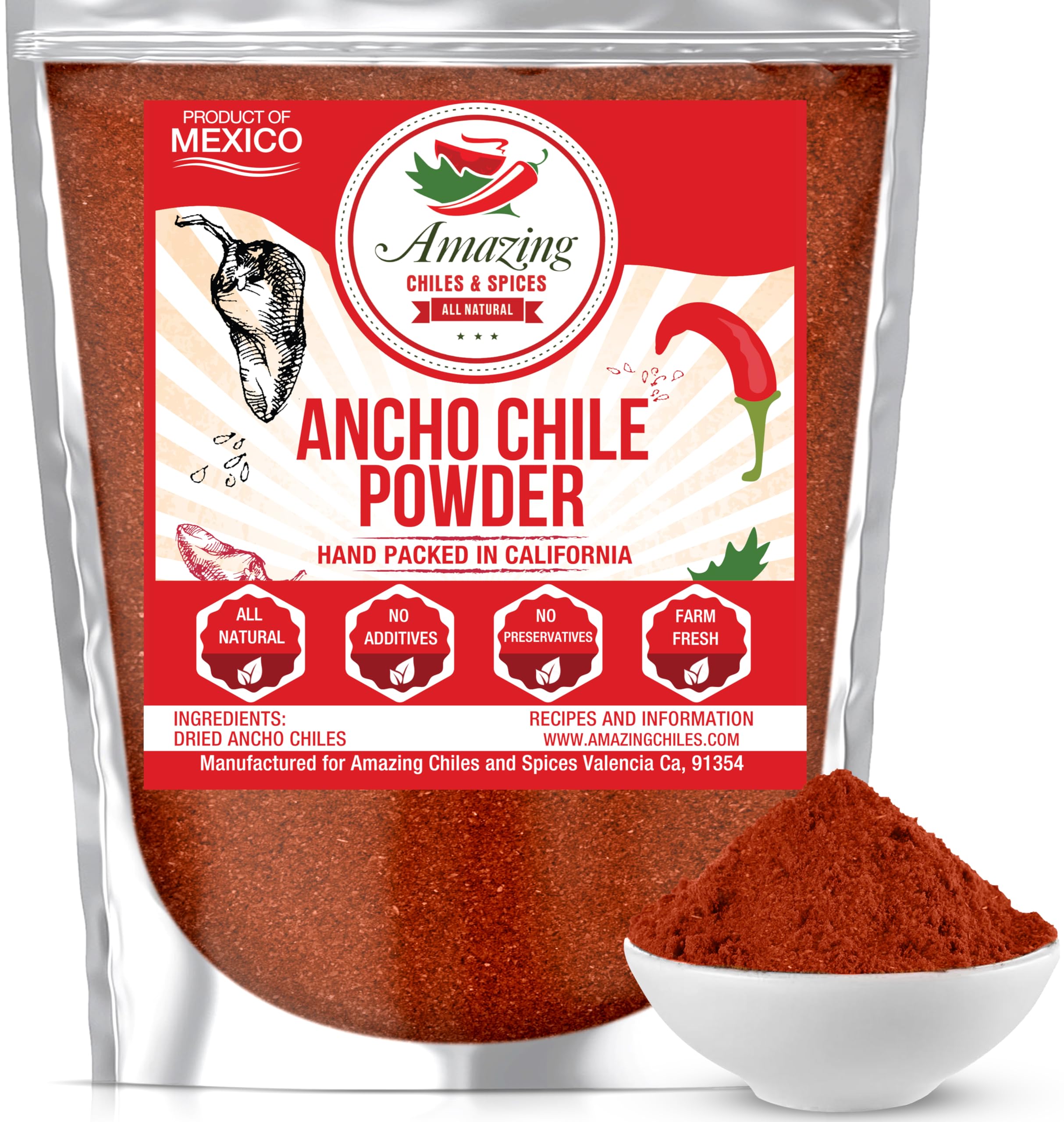 Amazing Chiles & Spices ancho powder bottle enhances authentic Mexican flavor.