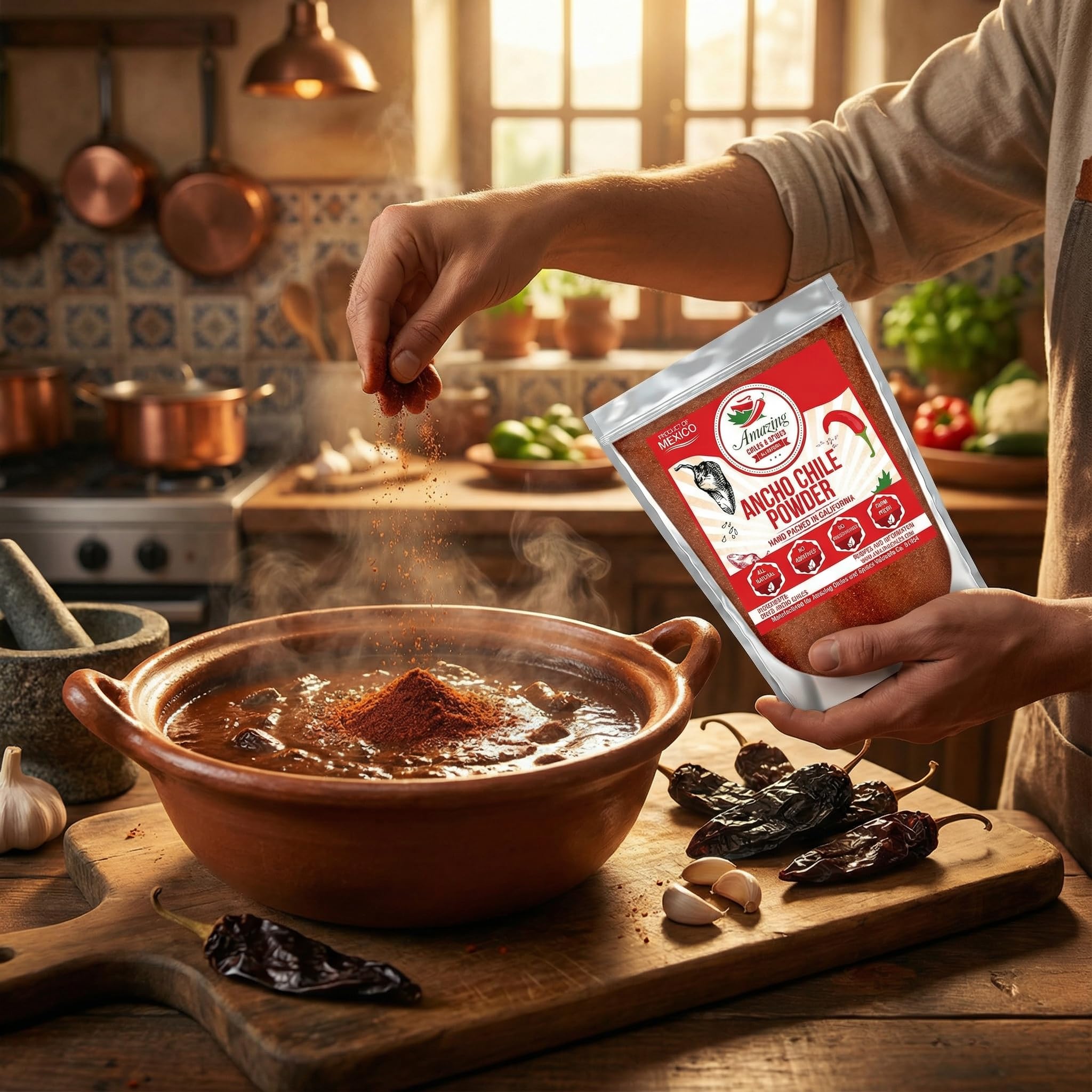 Ancho powder cooking bowl showcases rich color to inspire mole and chili.