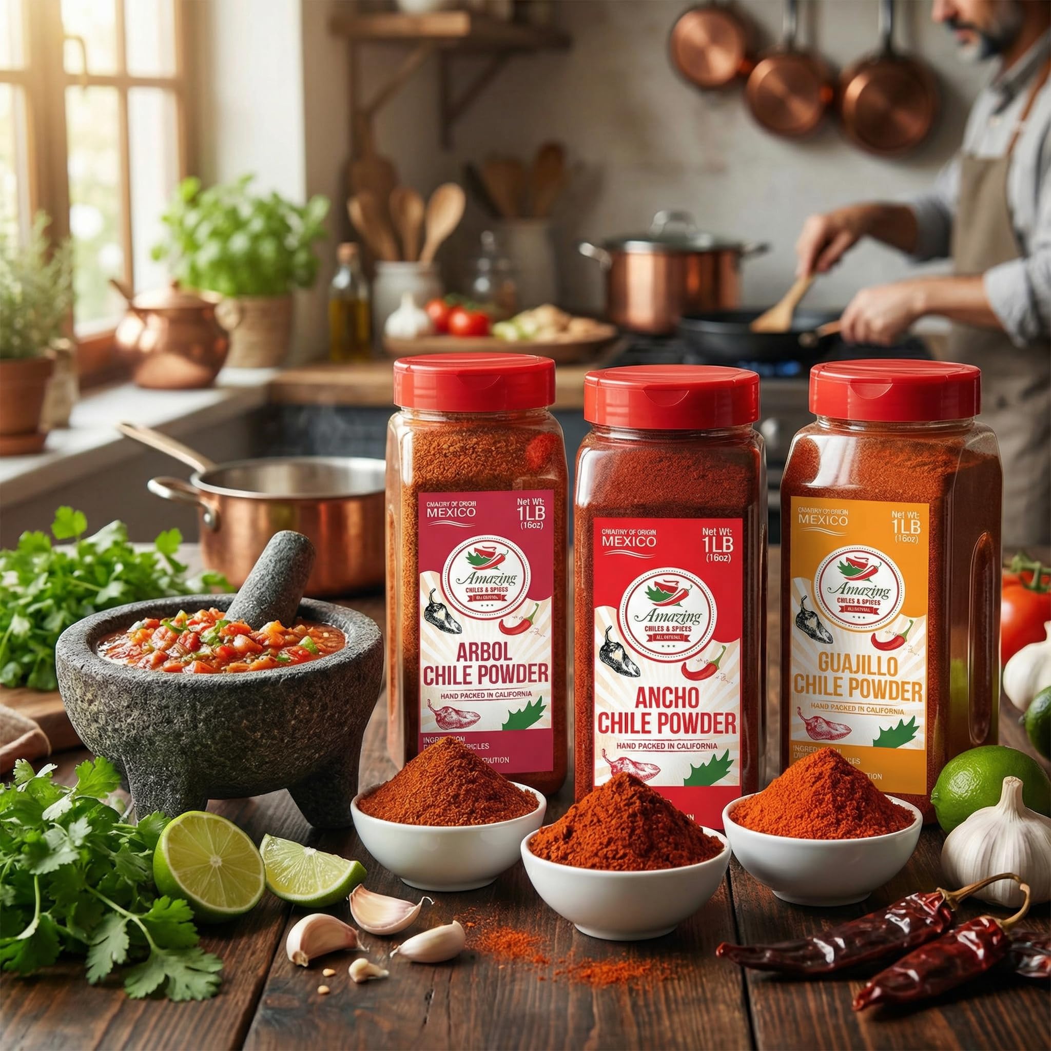 Amazing Chiles & Spices ancho powder jar display for easy measuring.