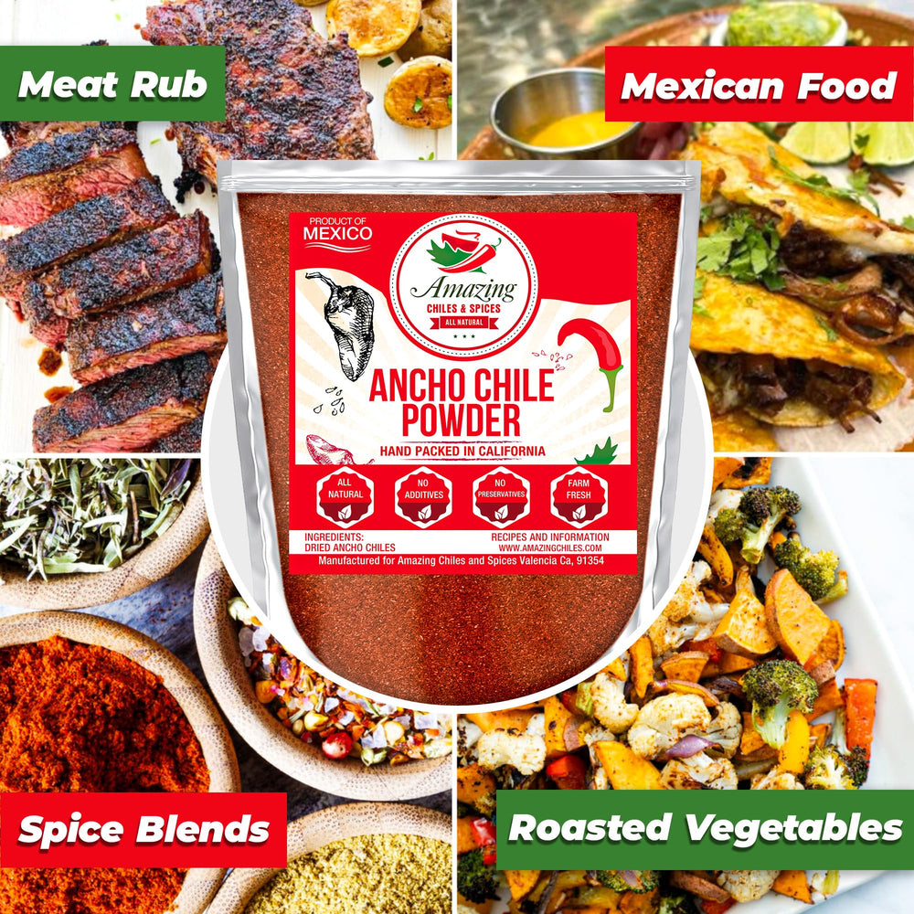 Amazing Chiles & Spices ancho powder jar adds smoky depth to stews and sauces.